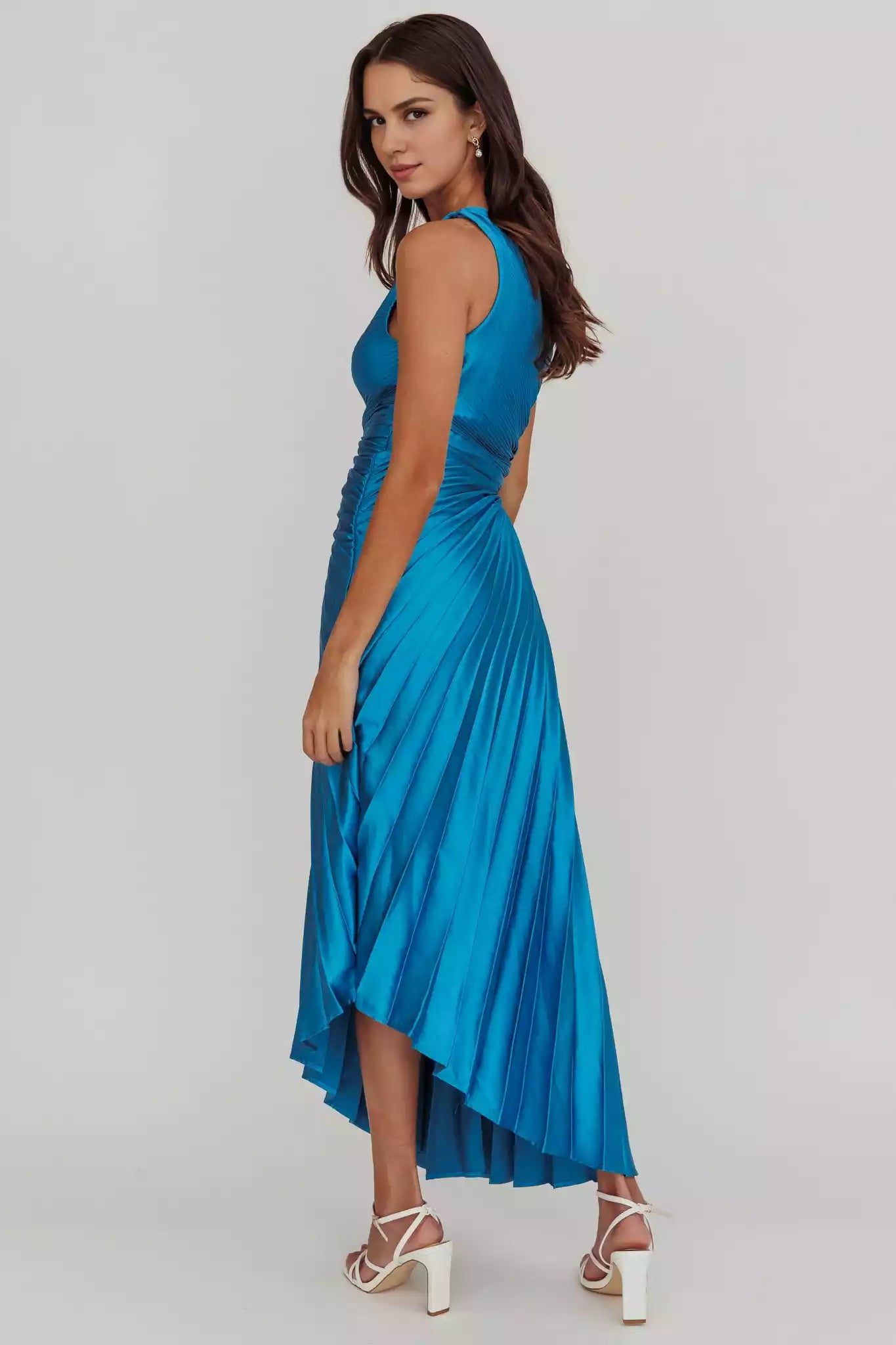 Charming pleated satin mid length waist cut with hidden side zipper lining Bridesmaid Dresses
