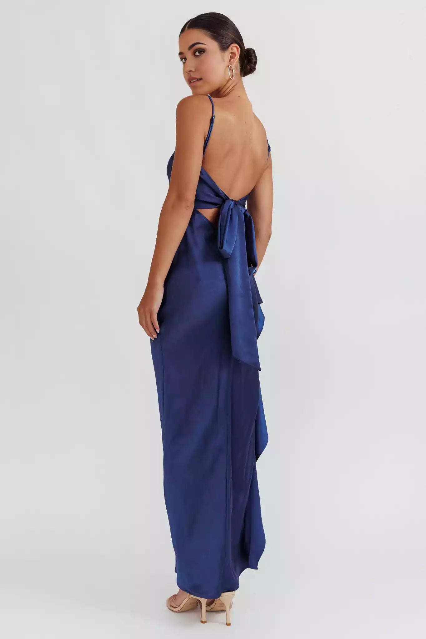 Charming satin, extra long side, high slit, backless lace up, adjustable shoulder strap, unlined, invisible zipper, Bridesmaid Dresses