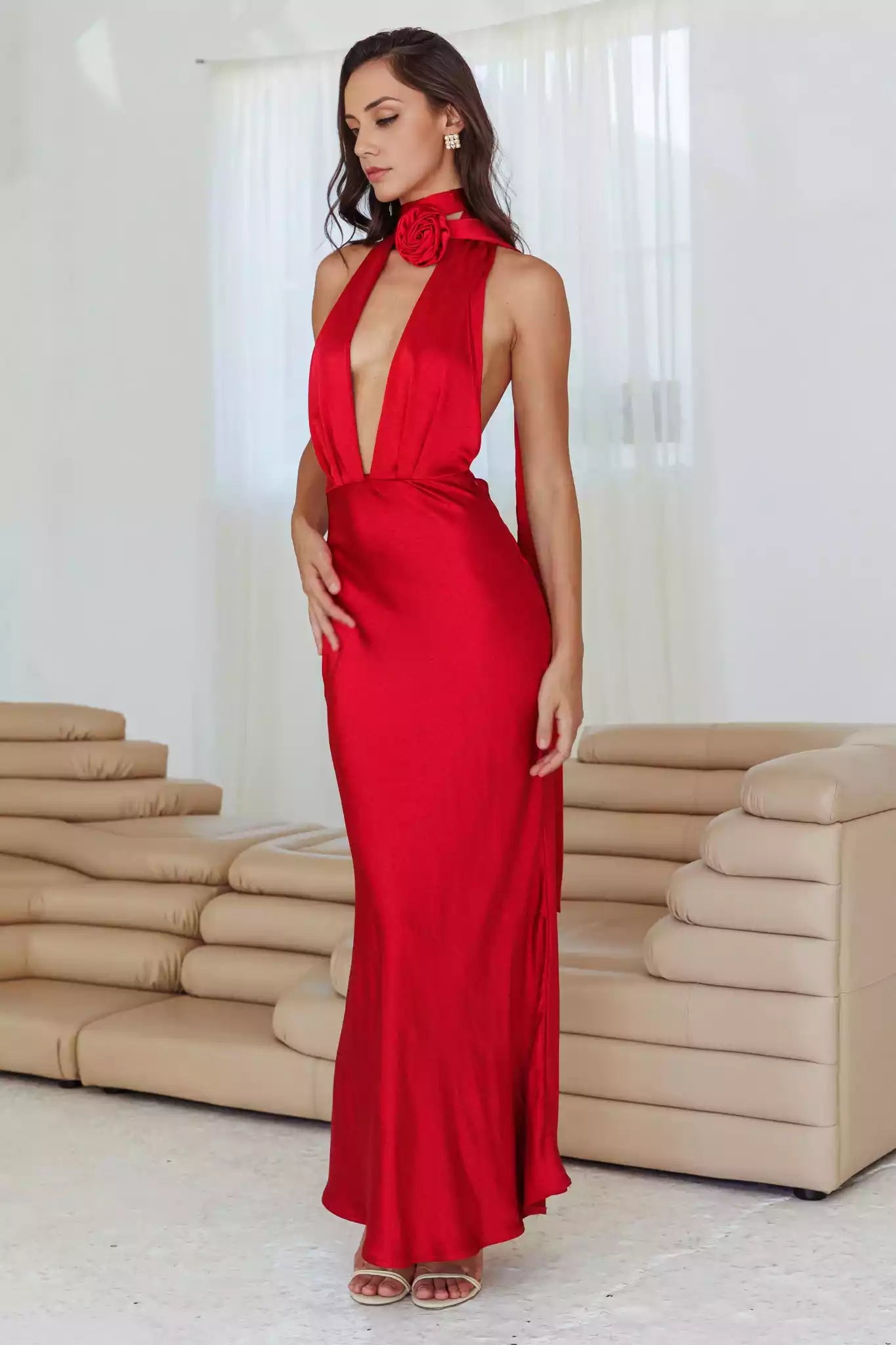 Charming satin detachable rose deep V-neckline, backless neckline, backless Prom Dresses