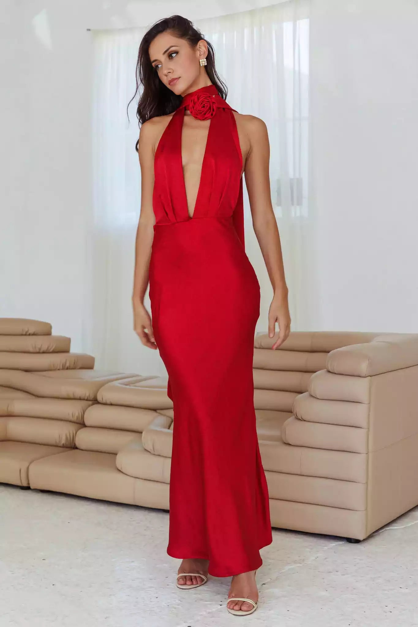 Charming satin detachable rose deep V-neckline, backless neckline, backless Prom Dresses