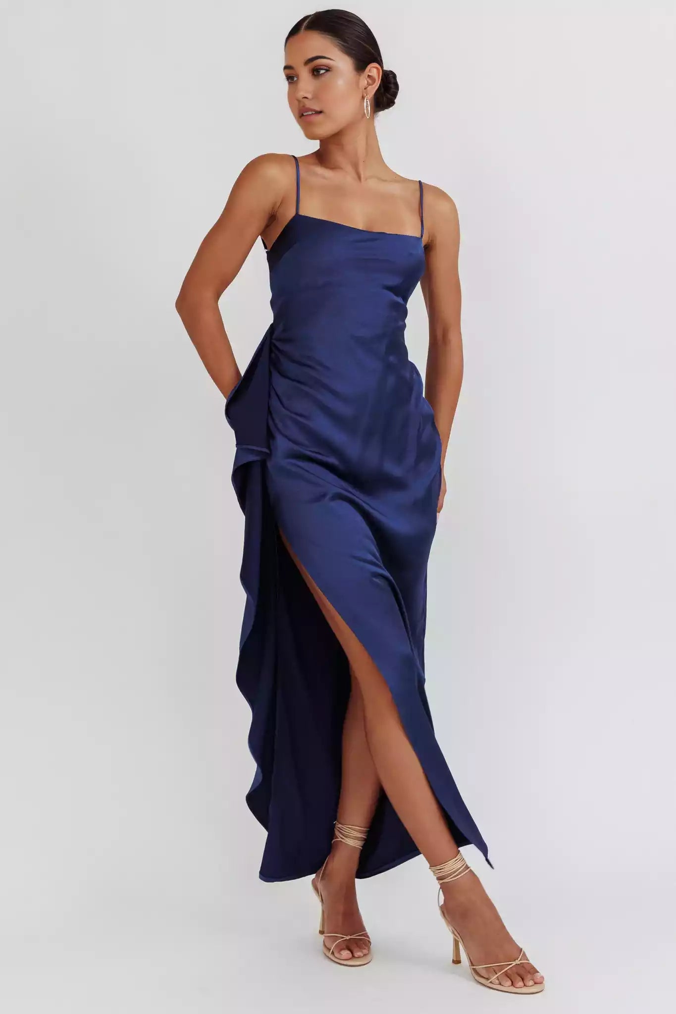 Charming satin extra long side high slit backless lace up adjustable shoulder strap unlined invisible zipper Prom Dresses
