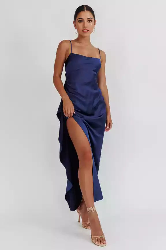 Charming satin extra long side high slit backless lace up adjustable shoulder strap unlined invisible zipper Prom Dresses