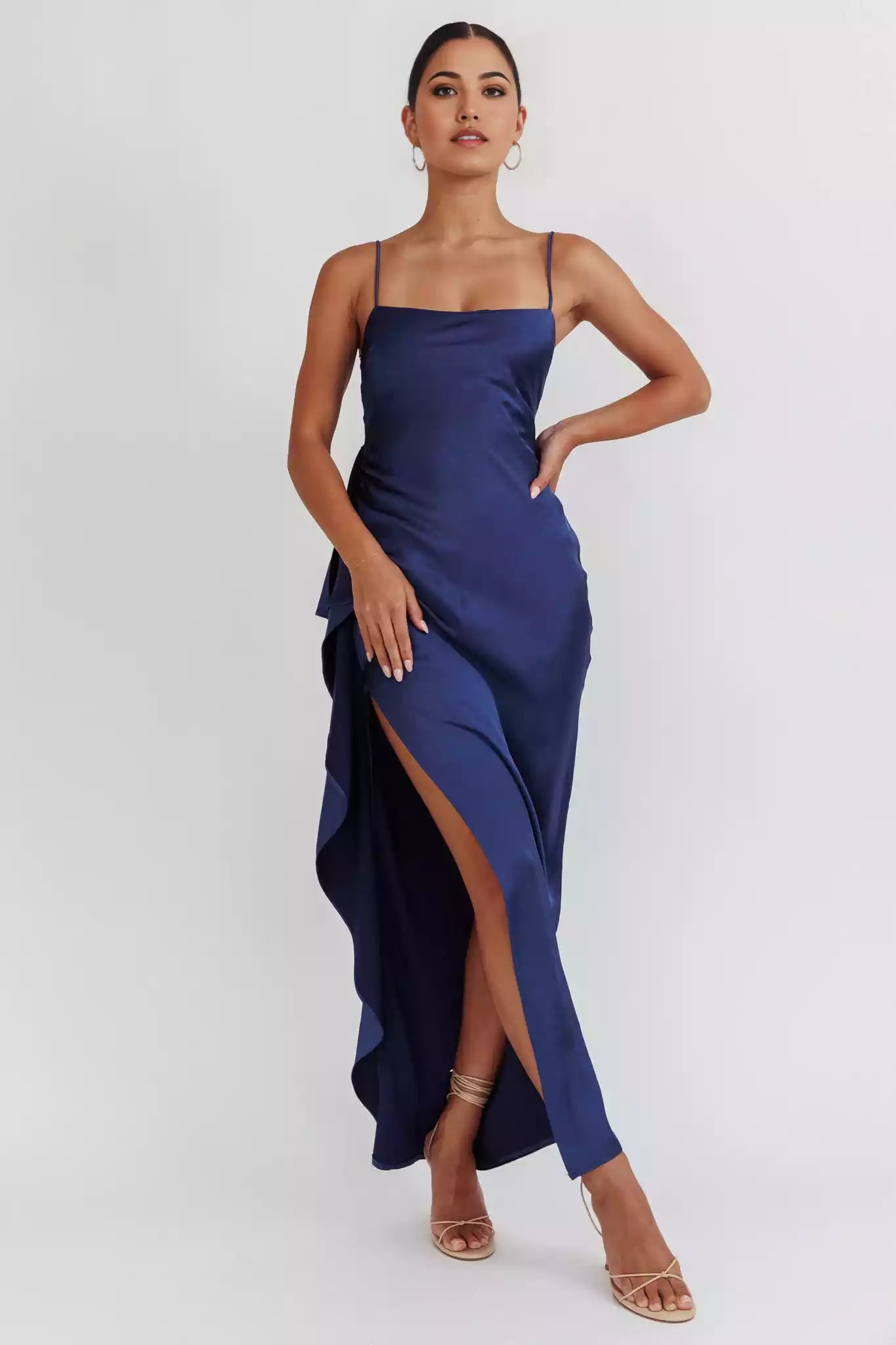 Charming satin extra long side high slit backless lace up adjustable shoulder strap unlined invisible zipper Prom Dresses