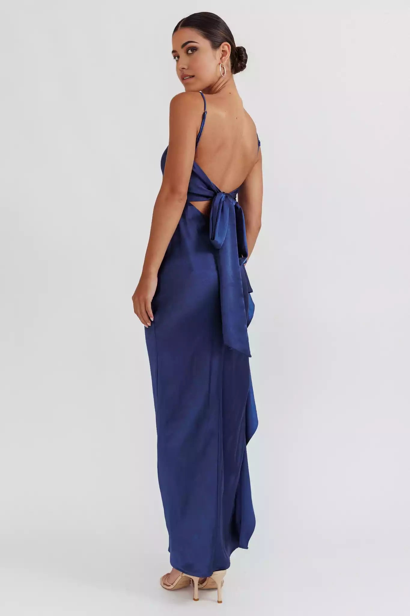 Charming satin extra long side high slit backless lace up adjustable shoulder strap unlined invisible zipper Prom Dresses