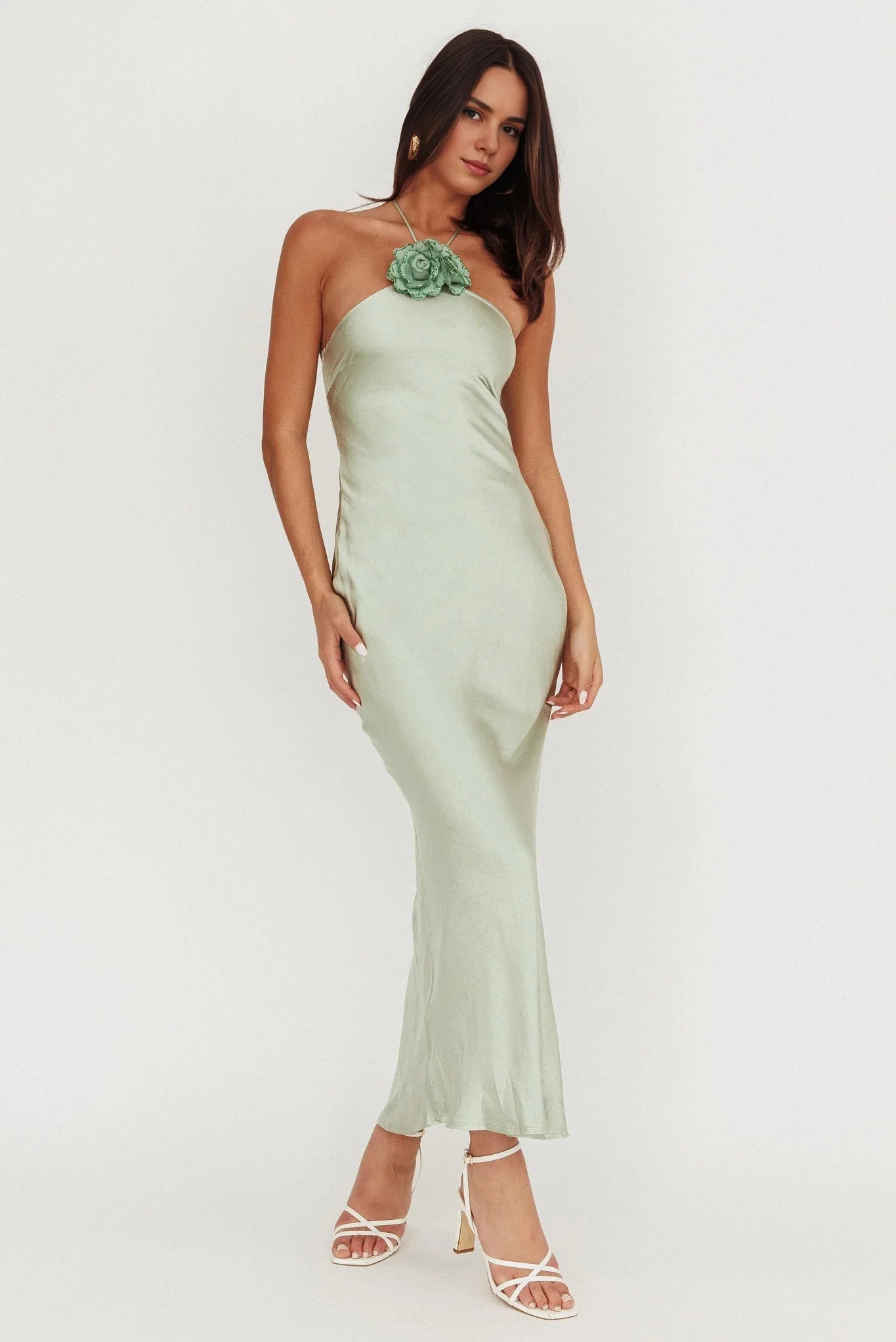 Charming satin extra long unlined flower pin decoration with backless side zipper bridesmaid dress
