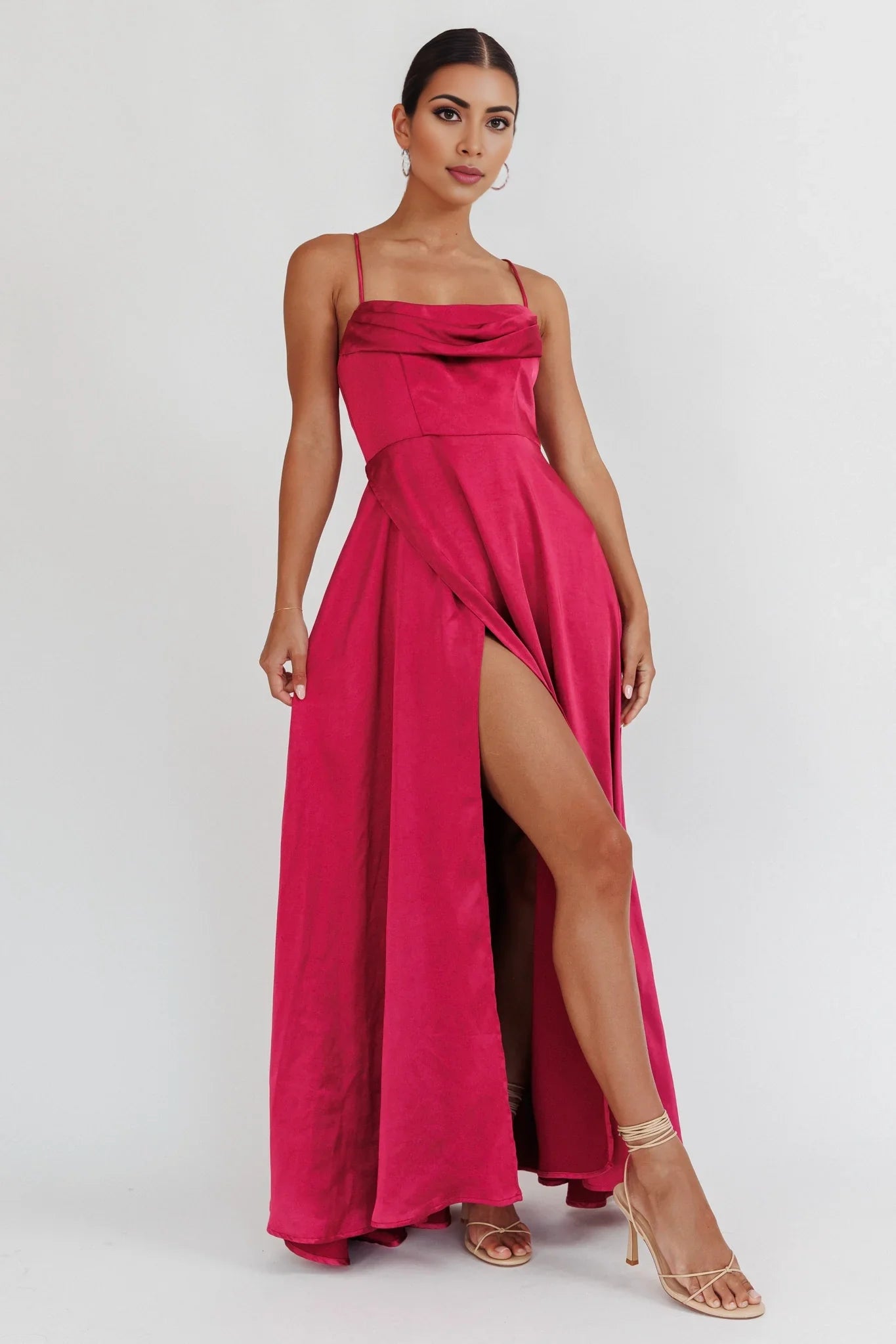 Charming satin long high slit adjustable shoulder strap invisible back zipper bridesmaid dress