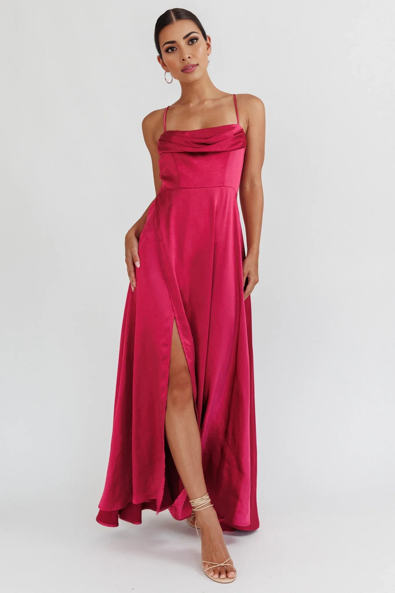 Charming satin long high slit adjustable shoulder strap invisible back zipper bridesmaid dress