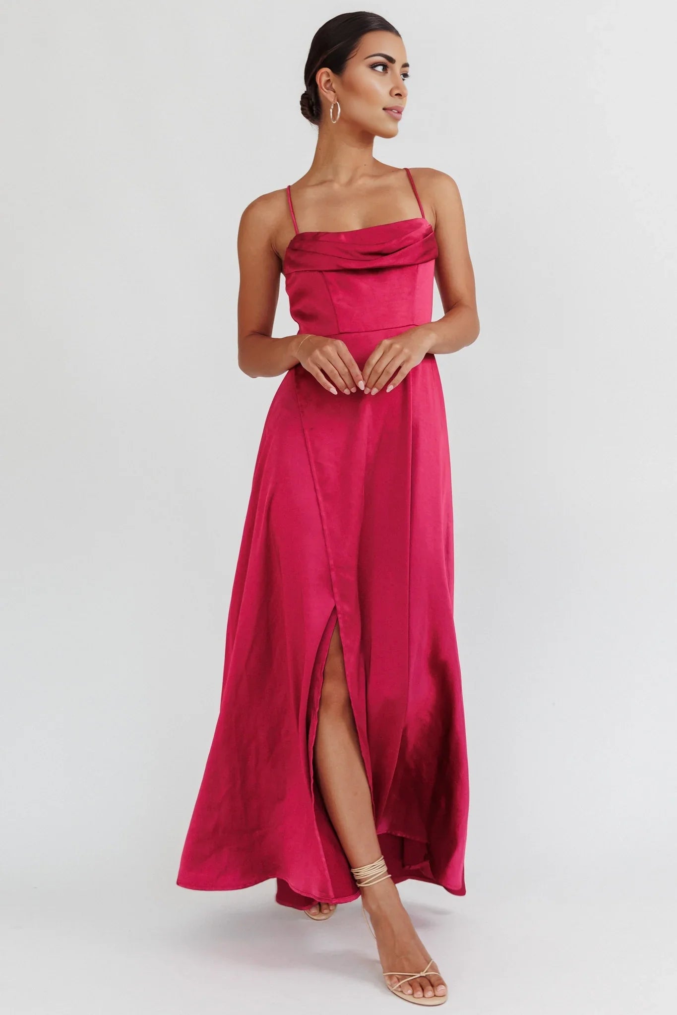Charming satin long high slit adjustable shoulder strap invisible back zipper bridesmaid dress