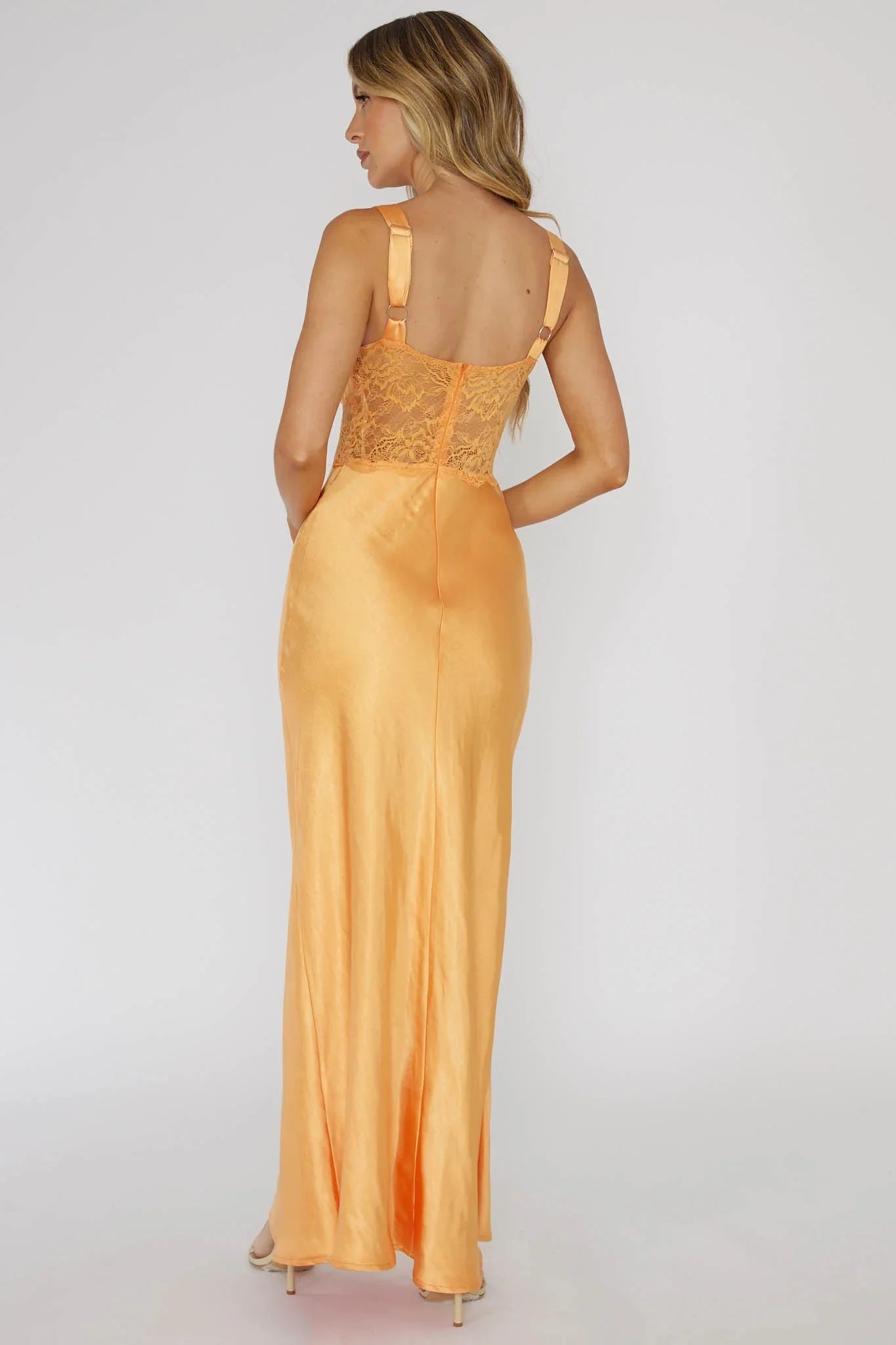 Charming satin long lace trimmed adjustable shoulder strap bridesmaid dress