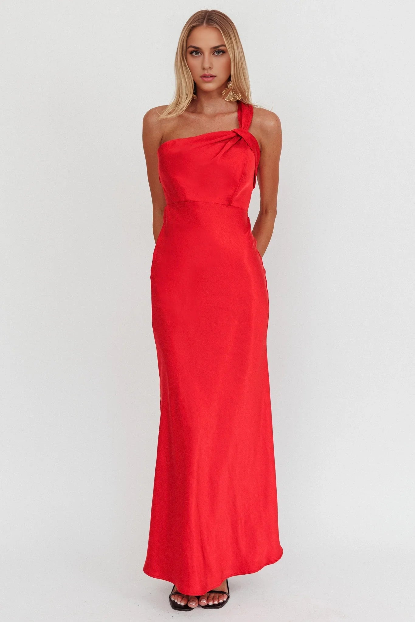 Charming satin long shoulder strap with invisible back zipper bridesmaid dress