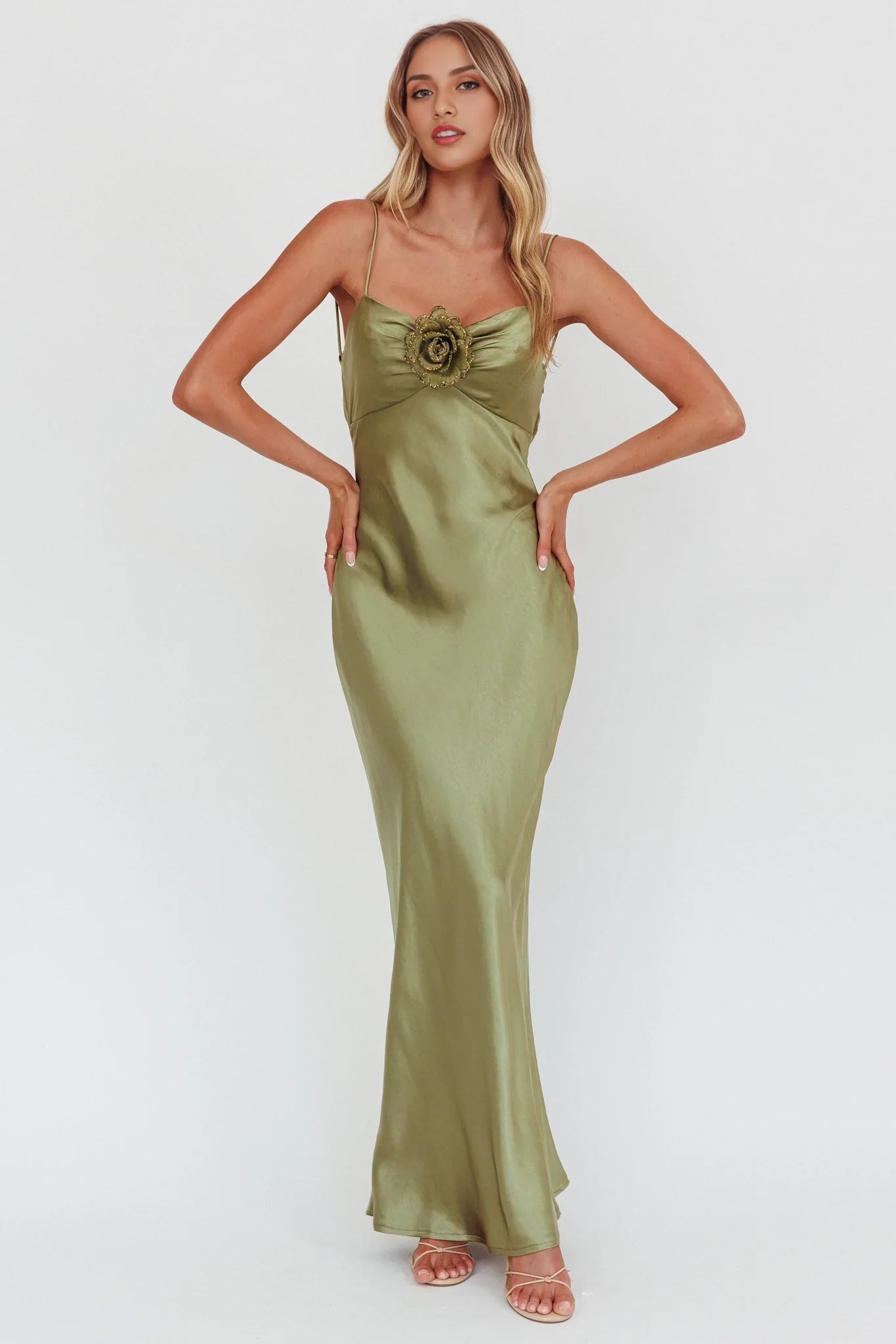 Charming satin slim fit rose knot side zipper bridesmaid dress