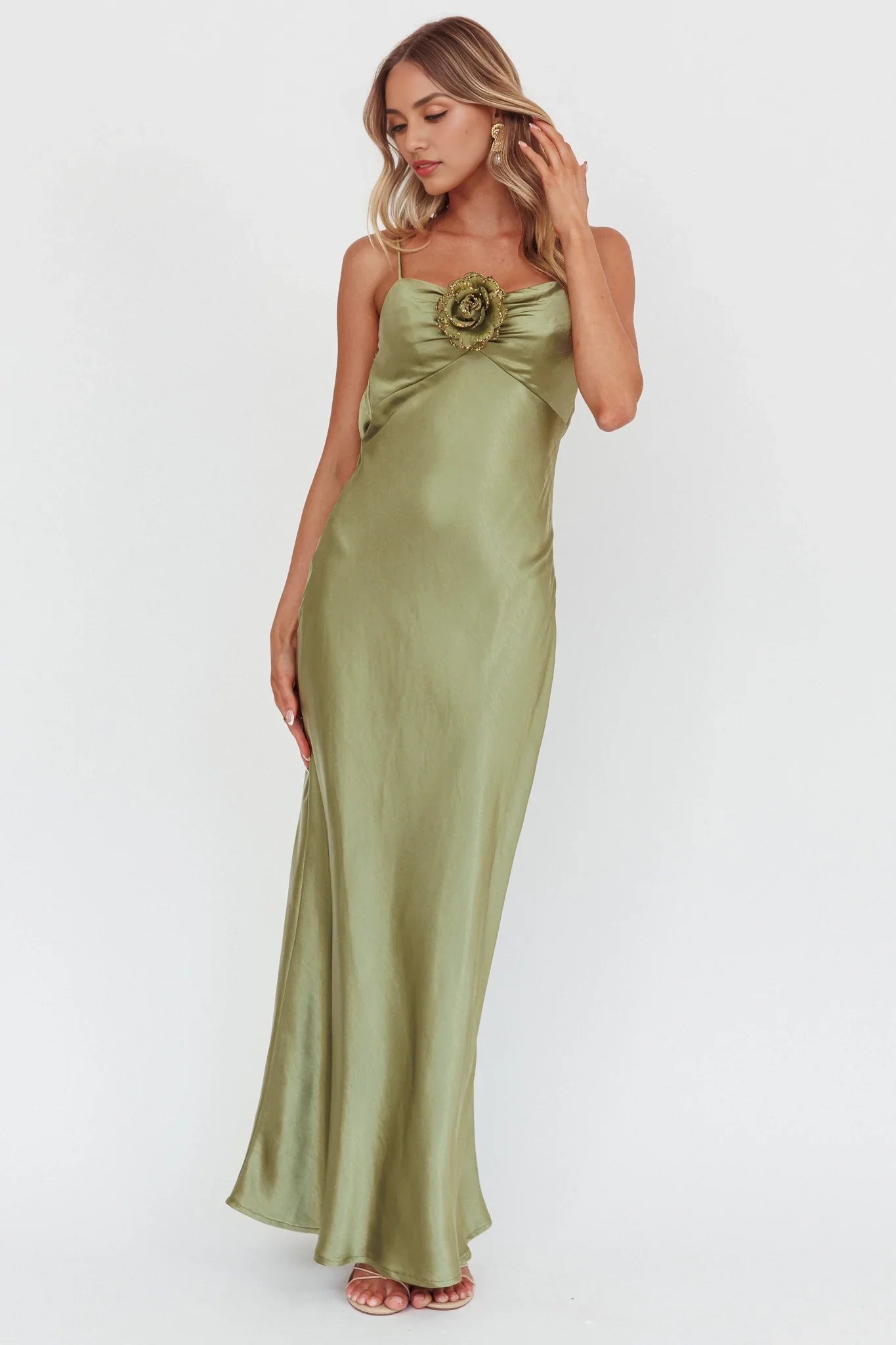 Charming satin slim fit rose knot side zipper bridesmaid dress