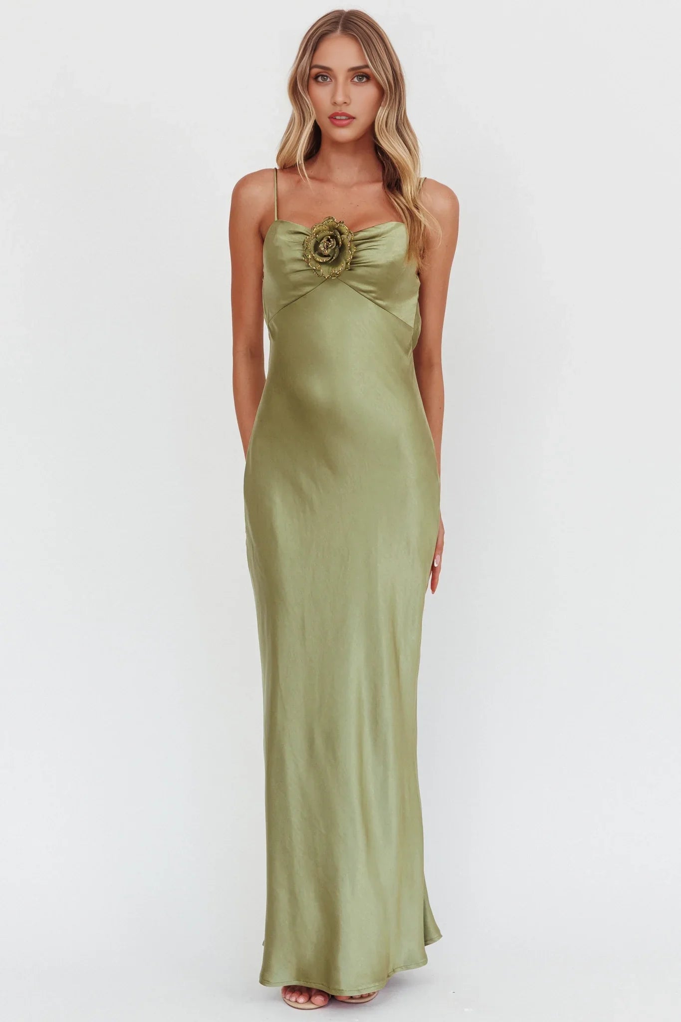 Charming satin slim fit rose knot side zipper bridesmaid dress