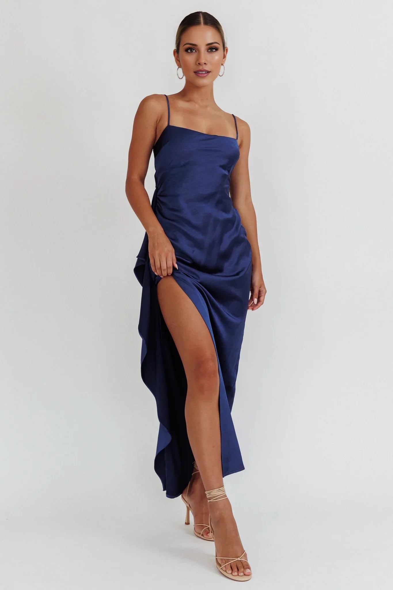 Charming satin super long high slit backless lace up adjustable shoulder strap invisible zipper bridesmaid dress