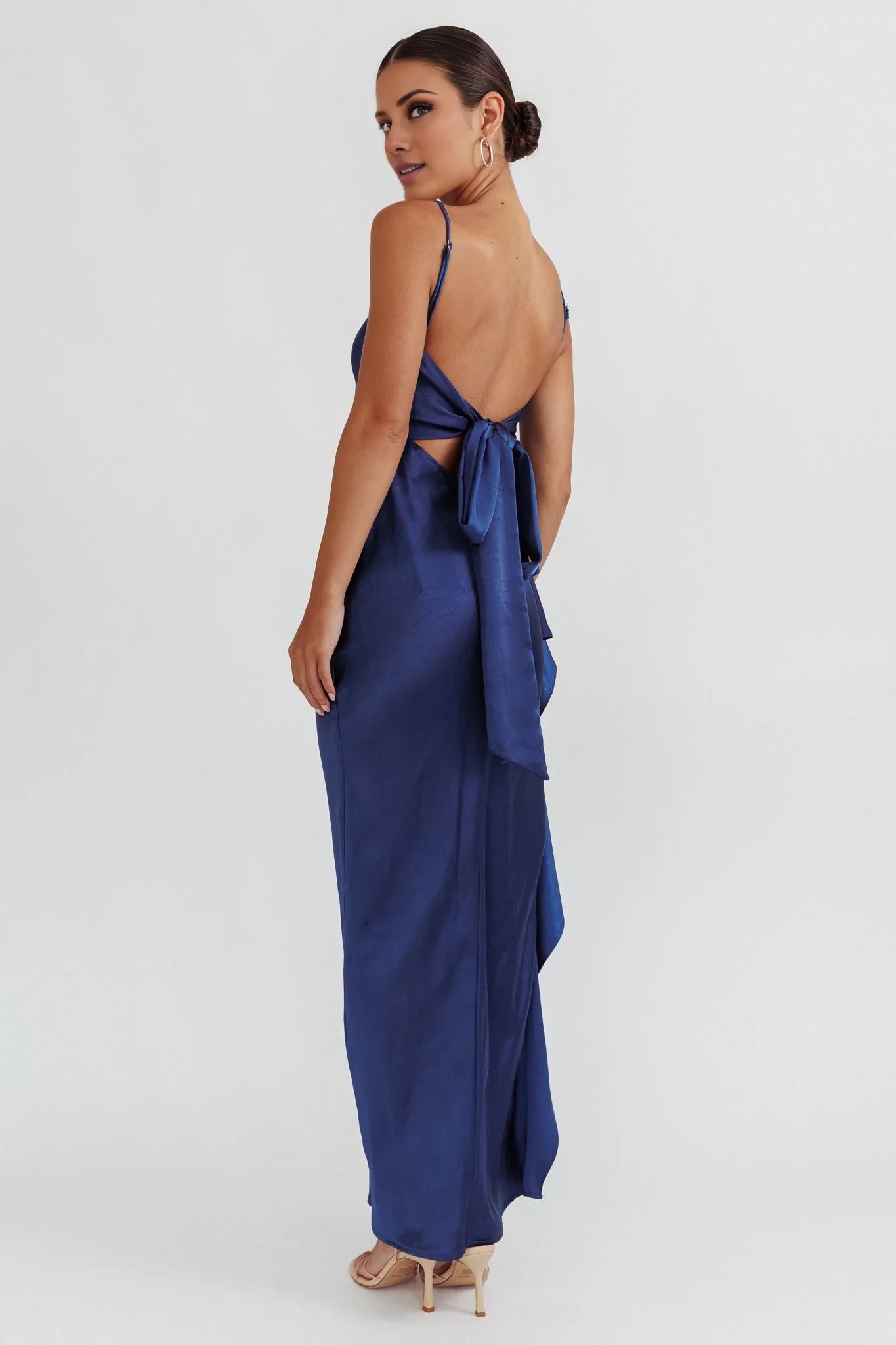 Charming satin super long high slit backless lace up adjustable shoulder strap invisible zipper bridesmaid dress