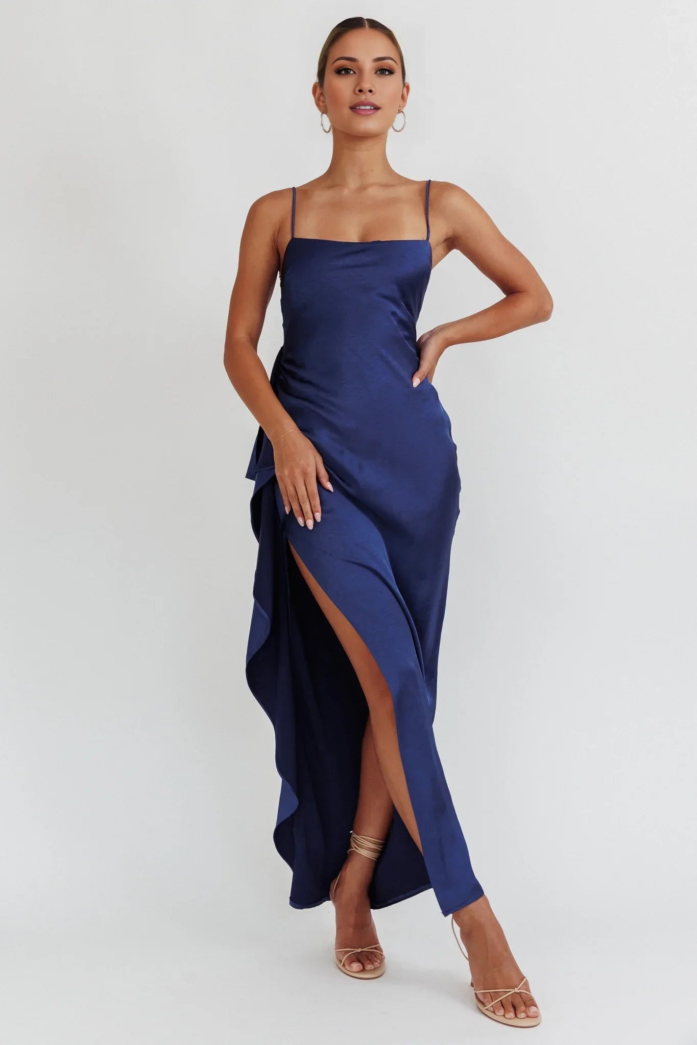 Charming satin super long high slit backless lace up adjustable shoulder strap invisible zipper bridesmaid dress