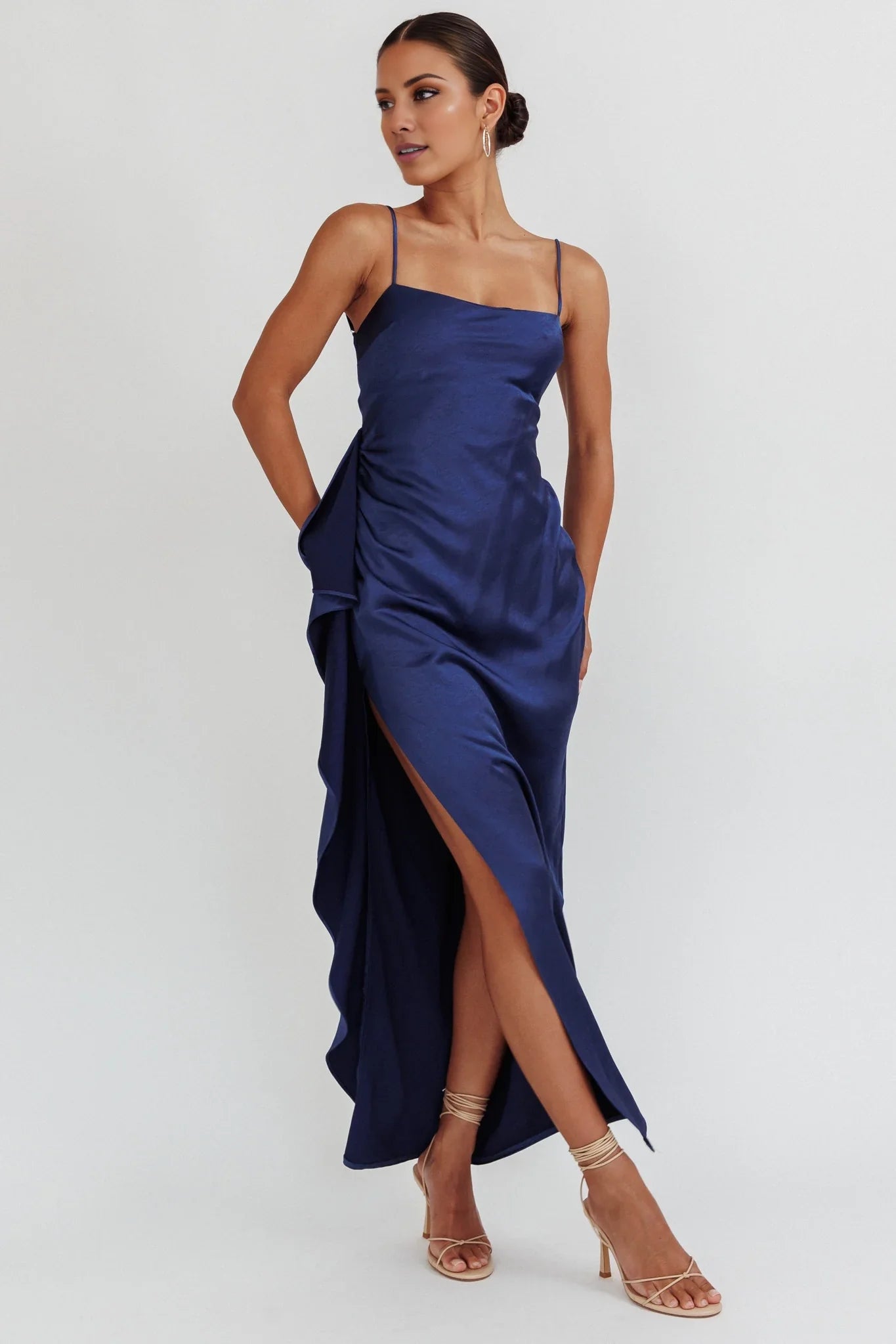 Charming satin super long high slit backless lace up adjustable shoulder strap invisible zipper bridesmaid dress