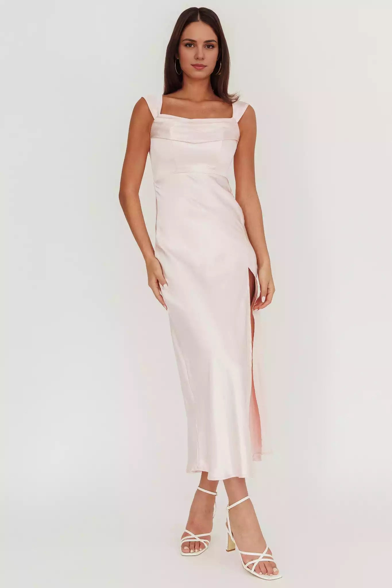 Charming satin ultra long unlined off shoulder low waist V-shaped back with front slit and hidden zipper on the back Bridesmaid Dresses