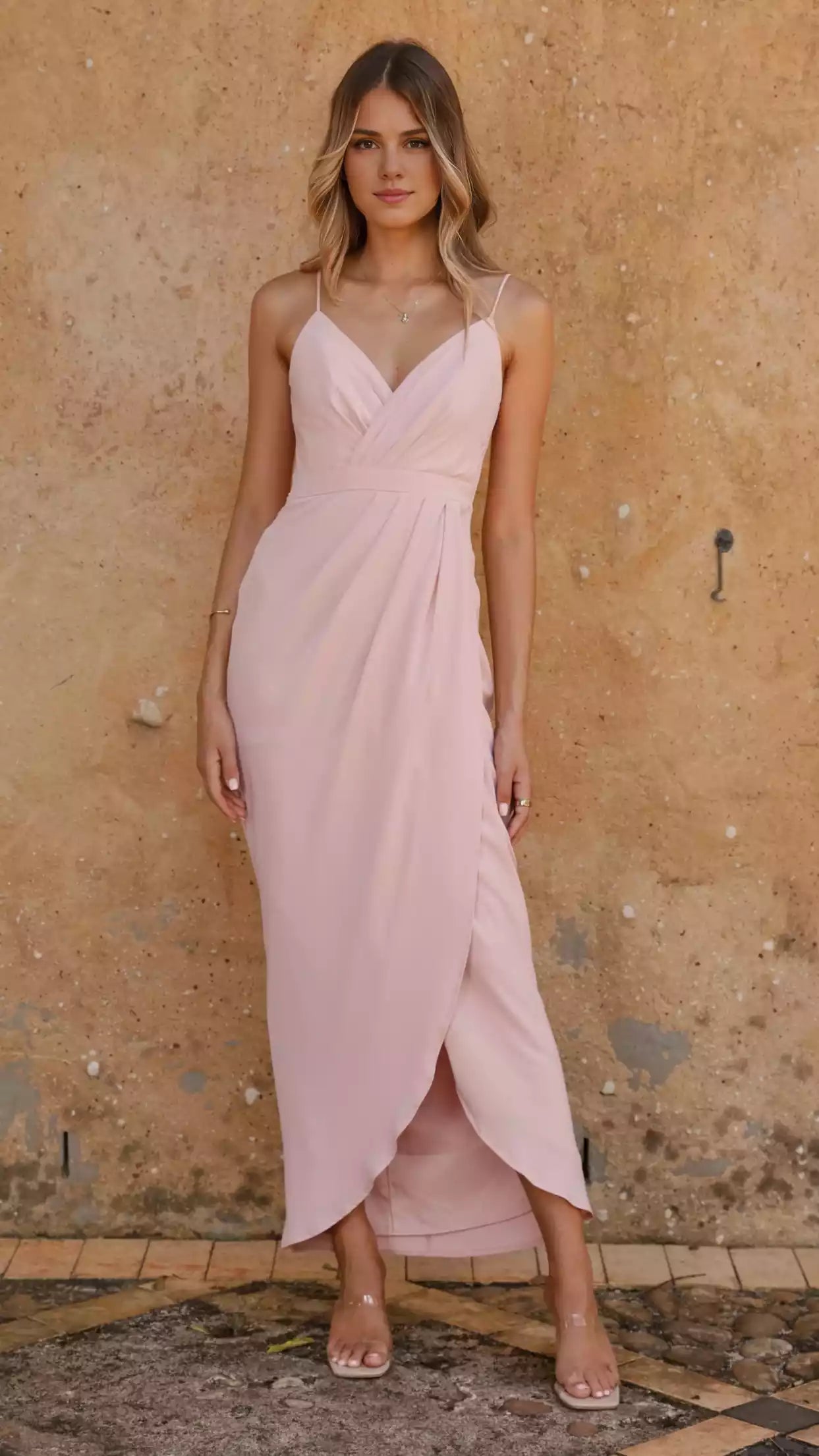Charming slim adjustable shoulder straps with pleated details, fully lined front slit, invisible back middle zipper Prom Dresses