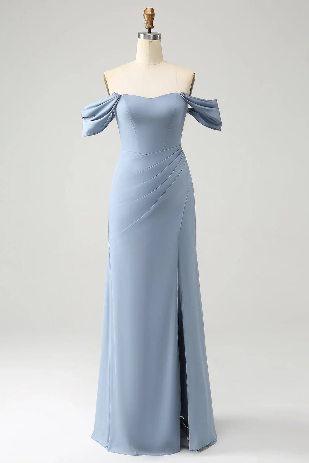 Charming slim fit off shoulder chiffon slit long bridesmaid dress
