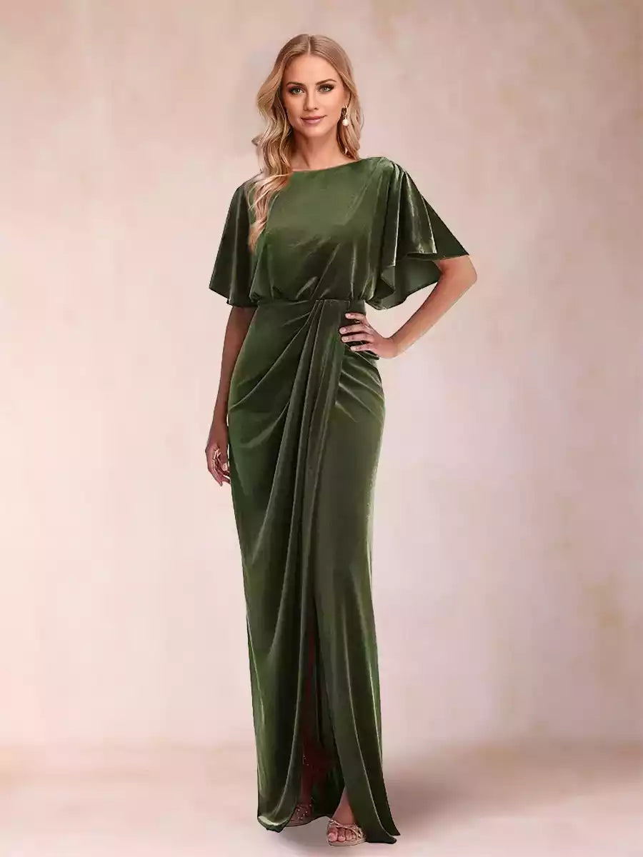 Charming slim fit/straight round neck short sleeved shirt with side slit and ruffle edge Mother of the Bride Dresses