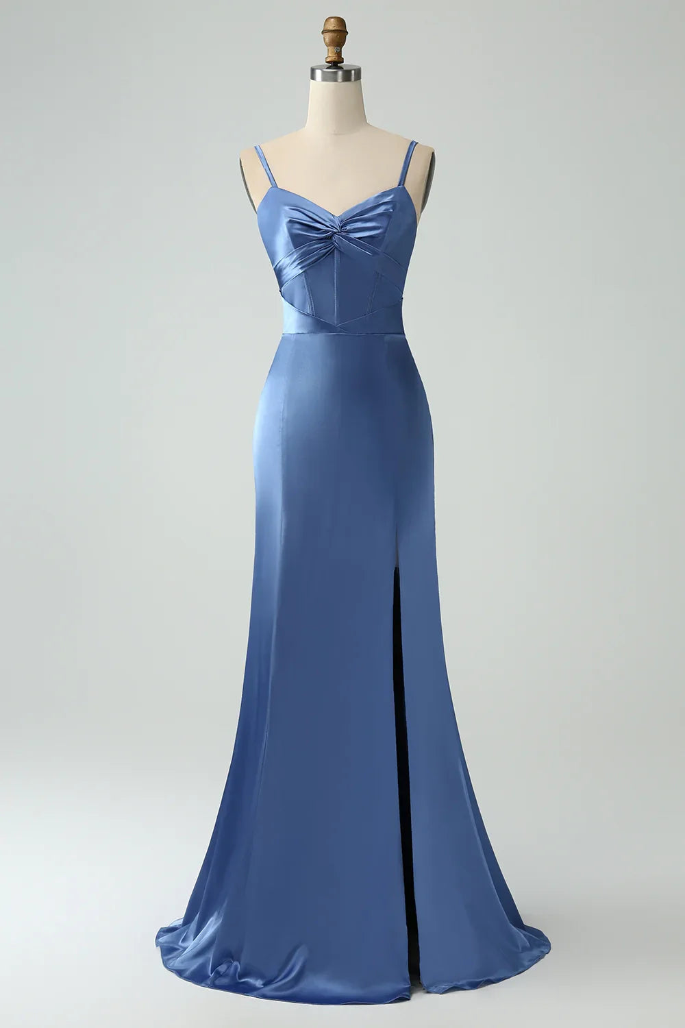 Charming slim mermaid slim shoulder strap lace up back slit bridesmaid dress