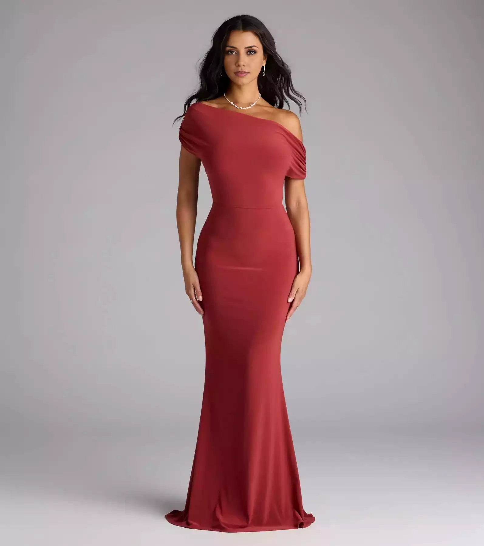 Charming smooth knit off shoulder neckline mermaid silhouette and Prom Dresses