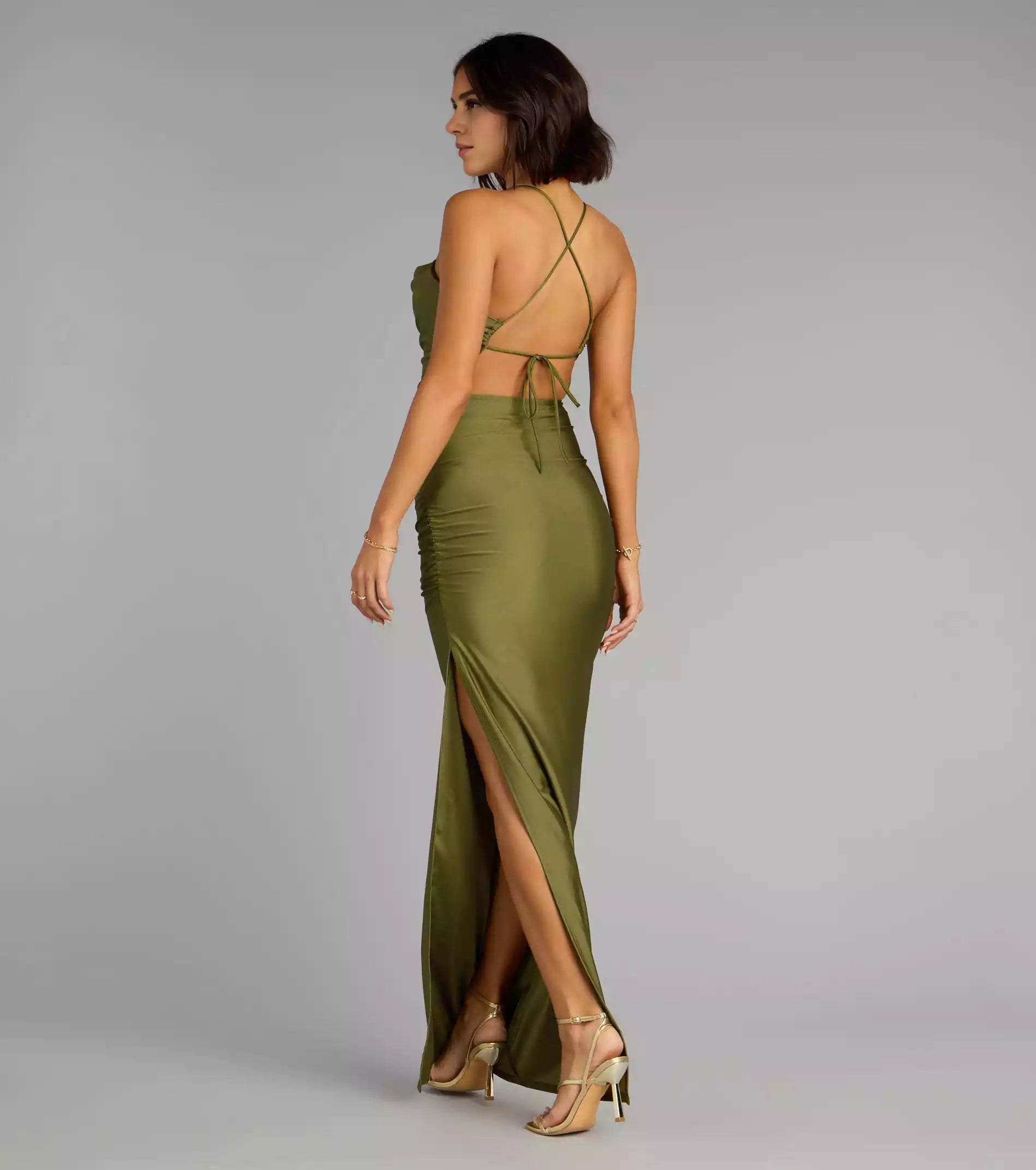 Charming stretch knit scarf collar with thin shoulder straps, back straps, side seams, pleats, high side seams, Prom Dresses