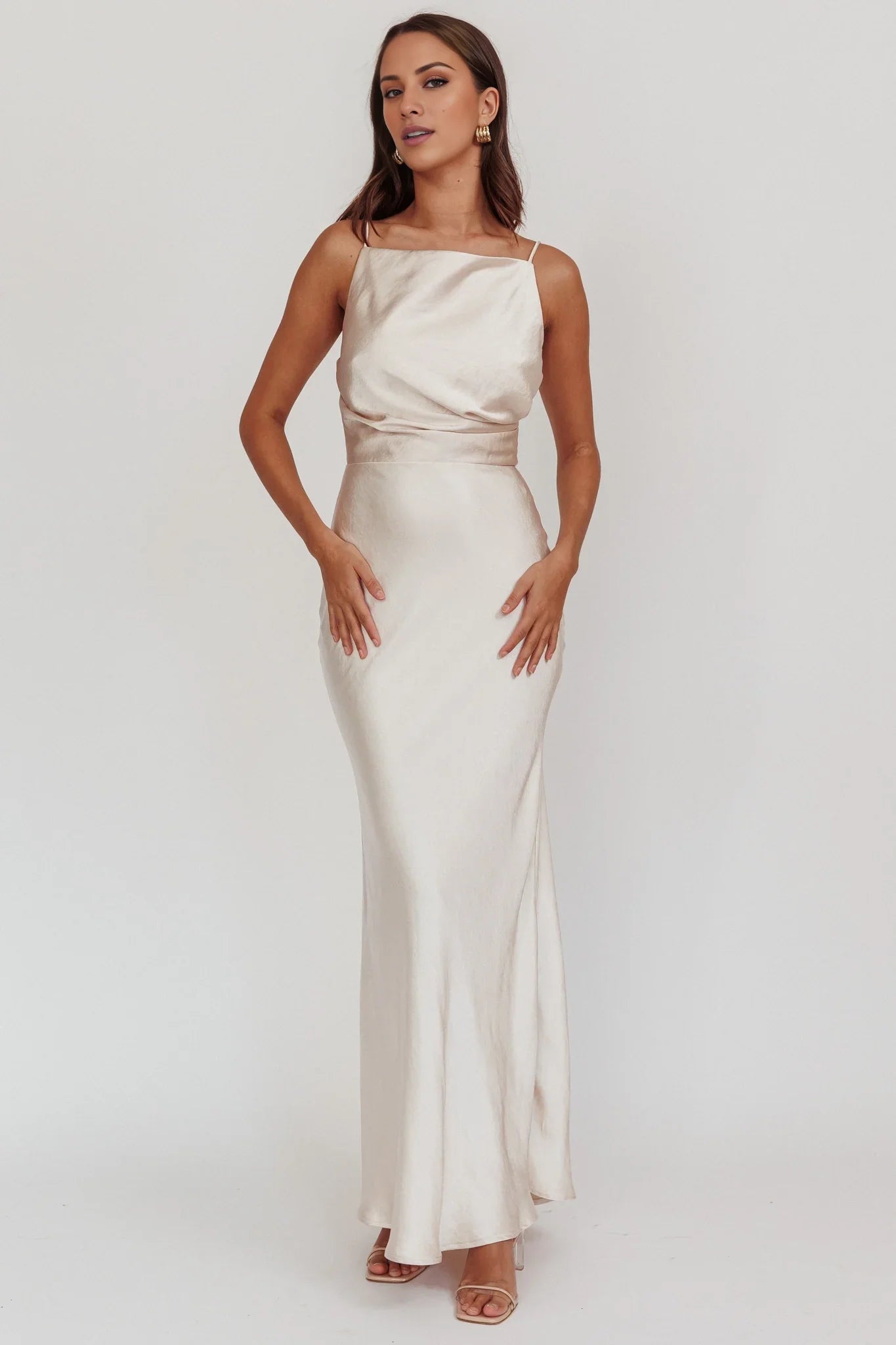 Charming thin shoulder strap satin with extra long pleat details hidden back zipper bridesmaid dress