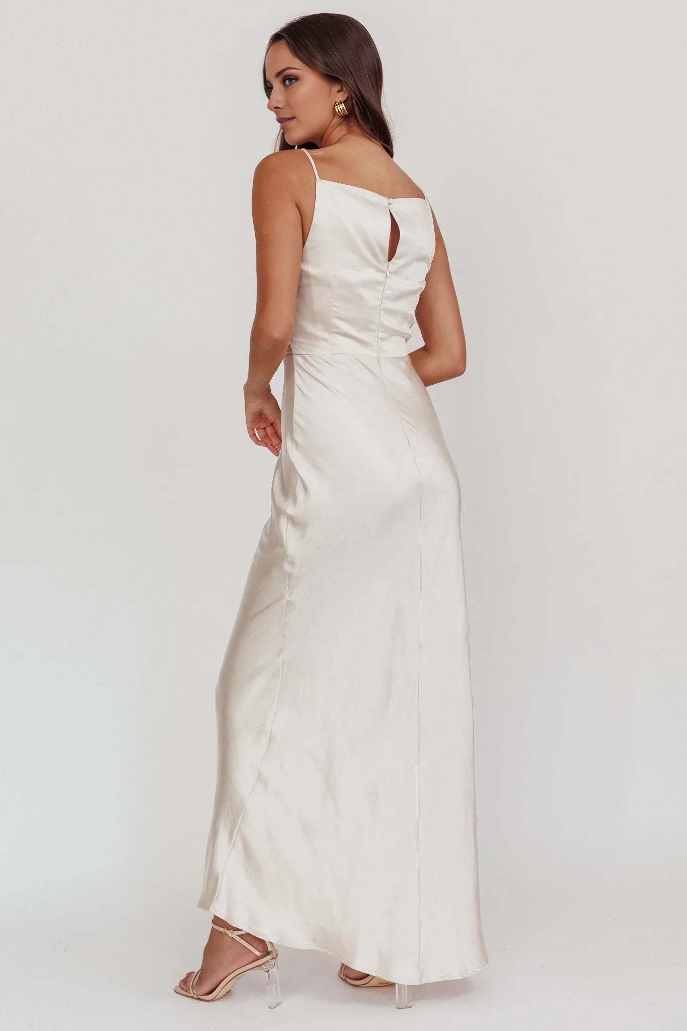 Charming thin shoulder strap satin with extra long pleat details hidden back zipper bridesmaid dress