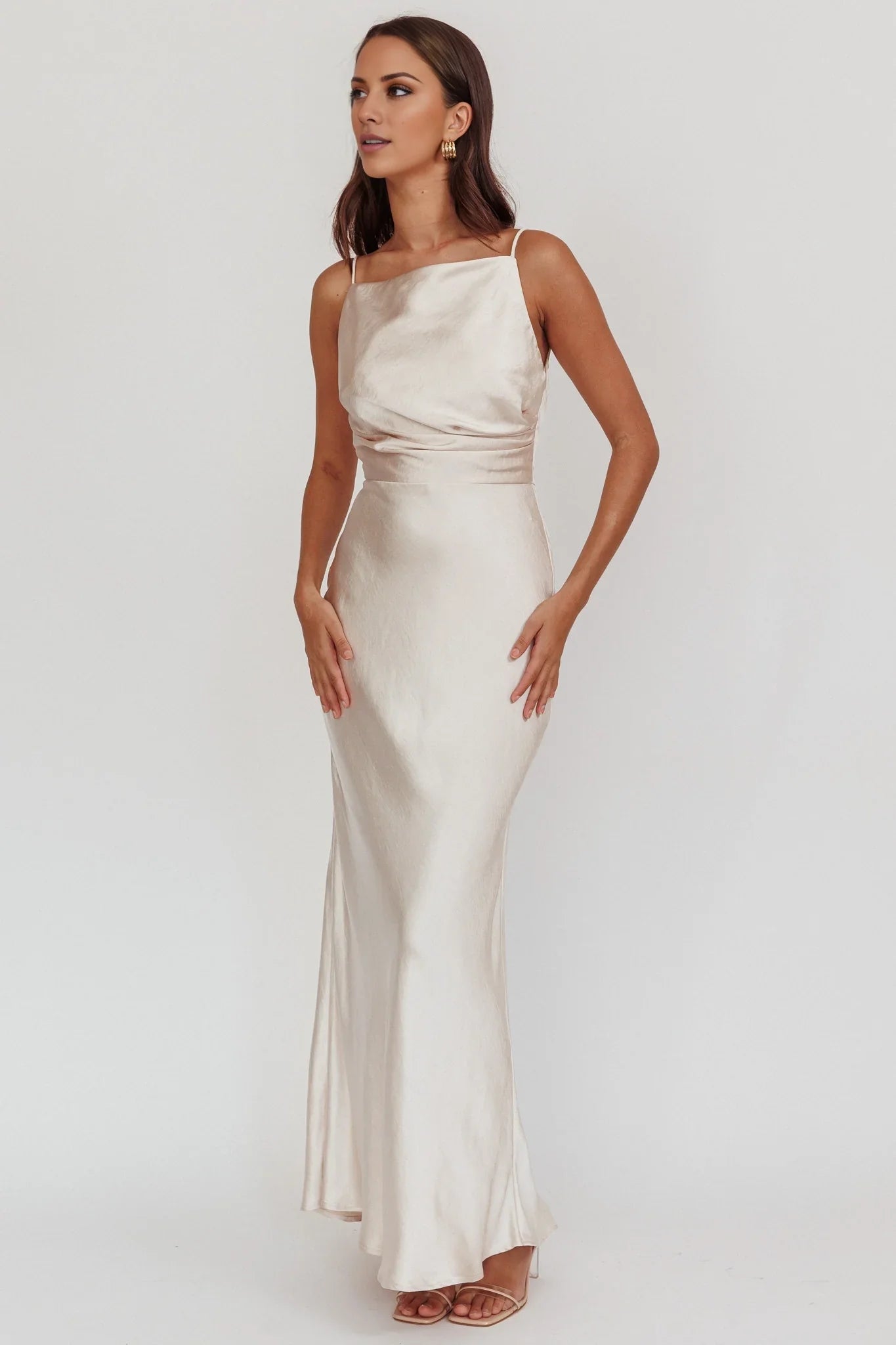 Charming thin shoulder strap satin with extra long pleat details hidden back zipper bridesmaid dress