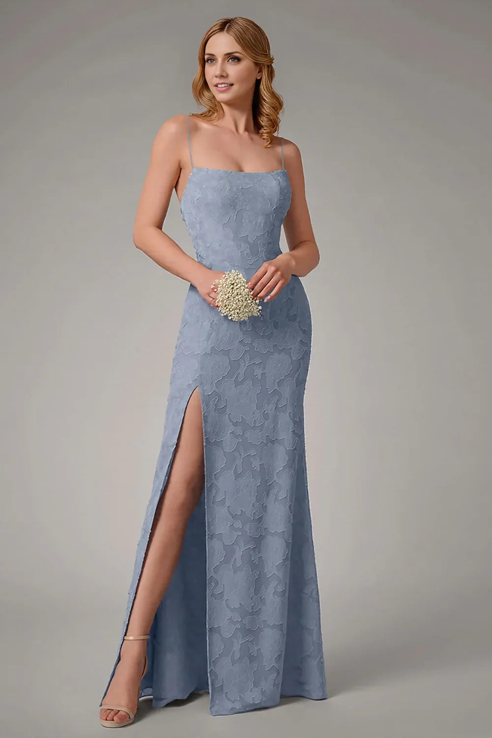 Charming thin shoulder strap slit tight fitting sleeveless long applique bridal mother dress