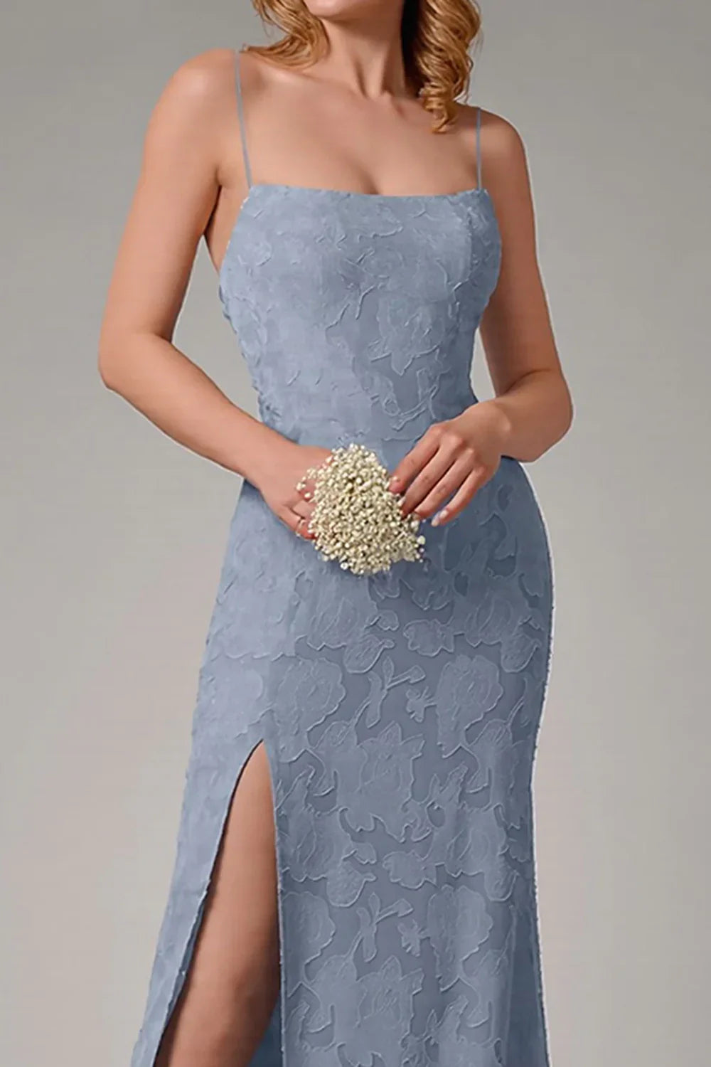 Charming thin shoulder strap slit tight fitting sleeveless long applique bridal mother dress