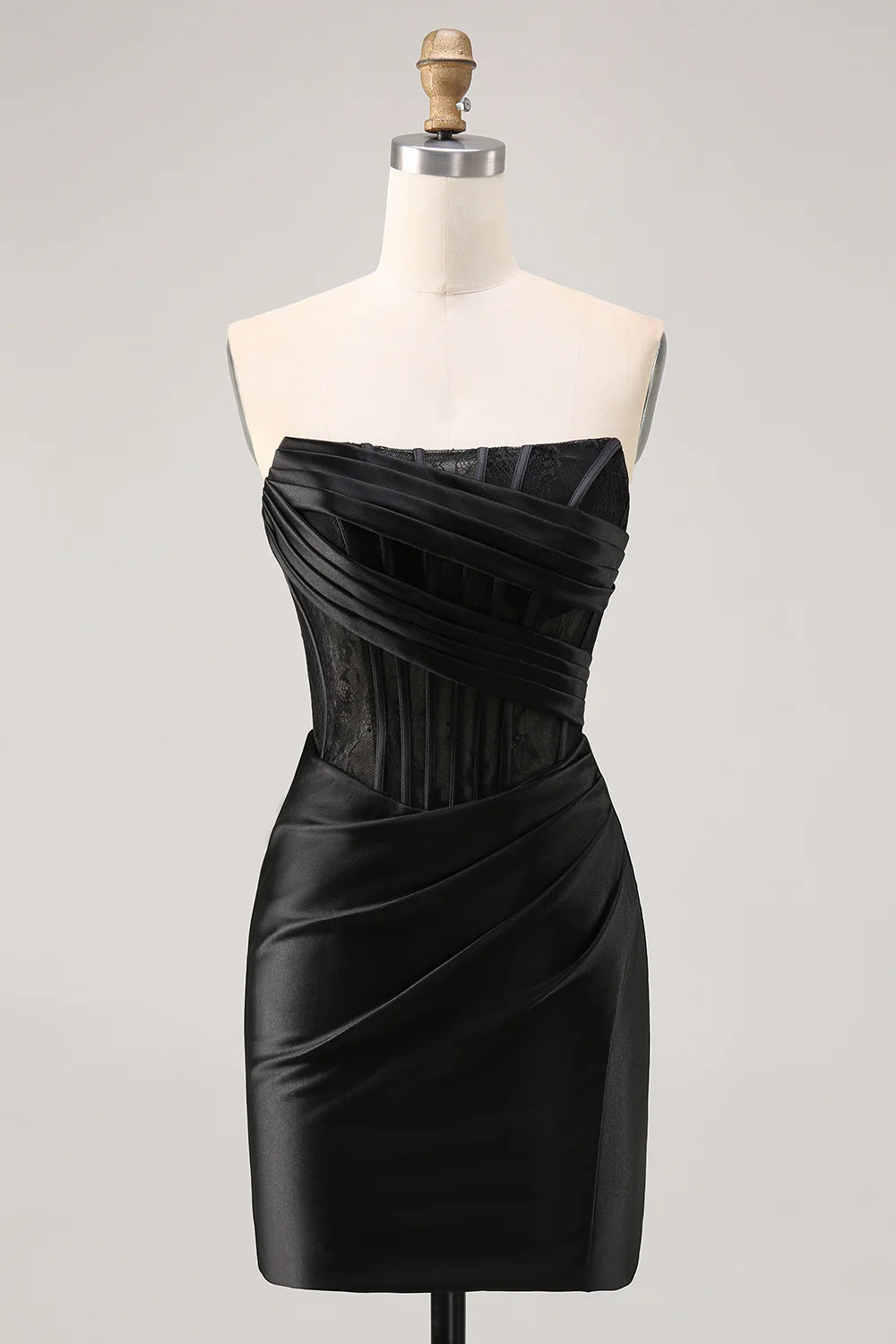 Black strapless satin bodycon homecoming dress with corset and ruching.