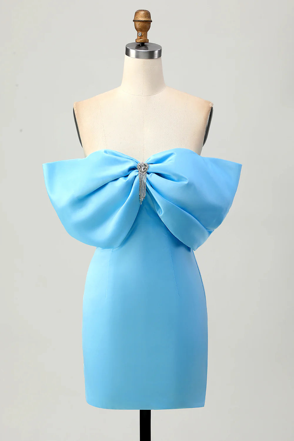 Blue bodycon off-shoulder short homecoming dress with a bow detail, front view.