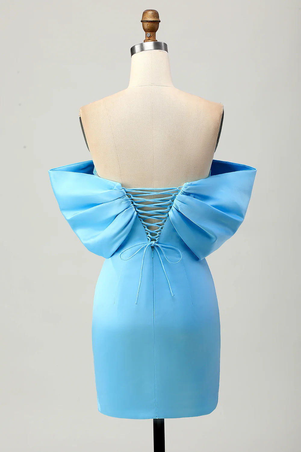 Back view of the blue bodycon off-shoulder short homecoming dress, showing the silhouette.