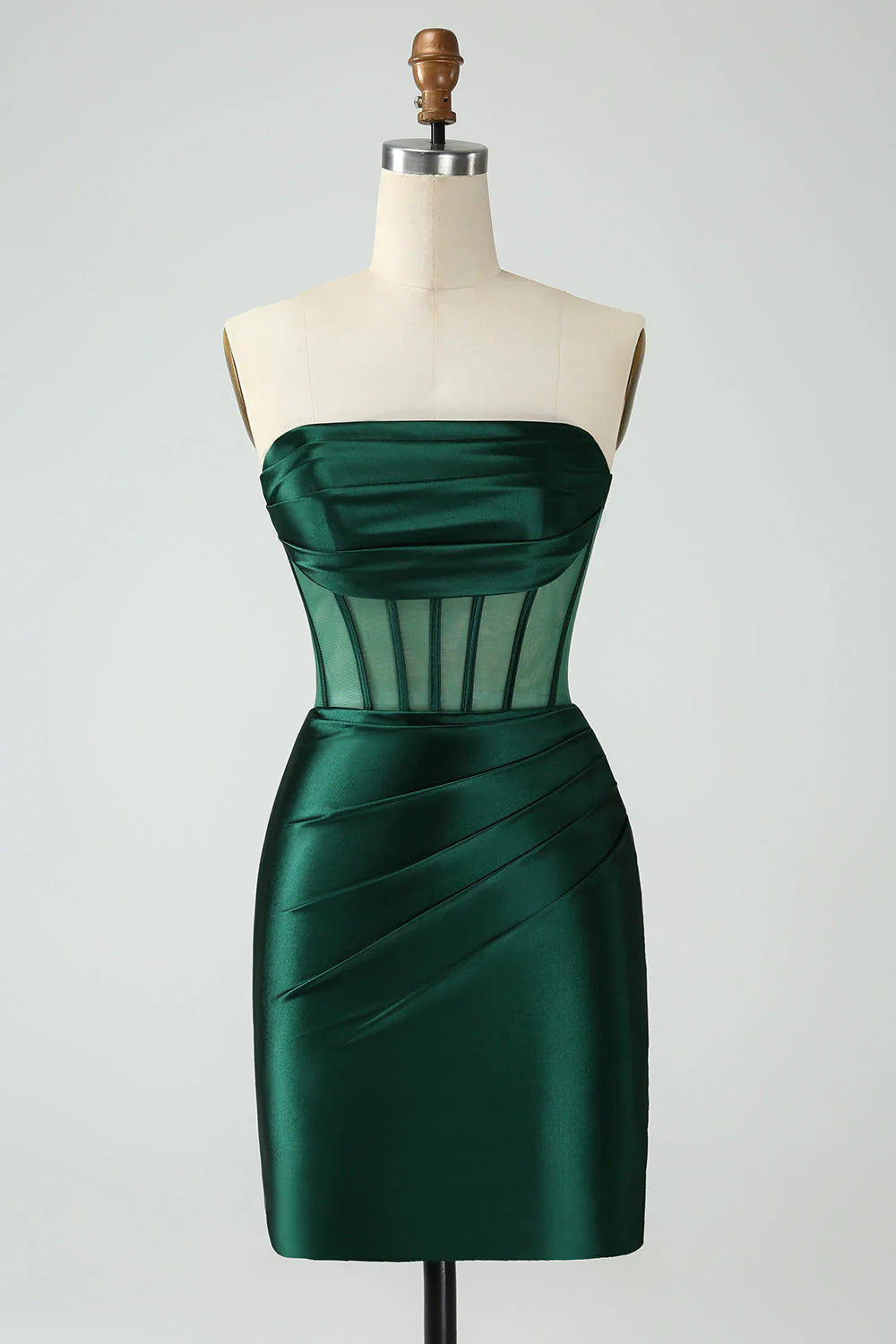 Model wearing a dark green bodycon strapless corset short homecoming dress.