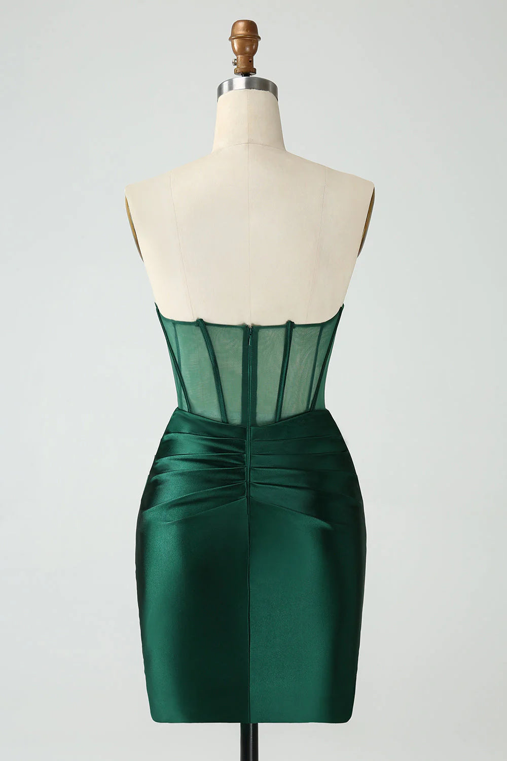 Side view of the dark green bodycon strapless corset short homecoming dress.