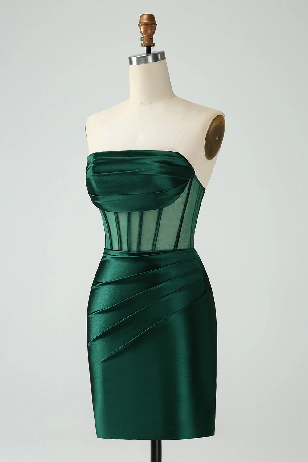Back view of the dark green bodycon strapless corset short homecoming dress.
