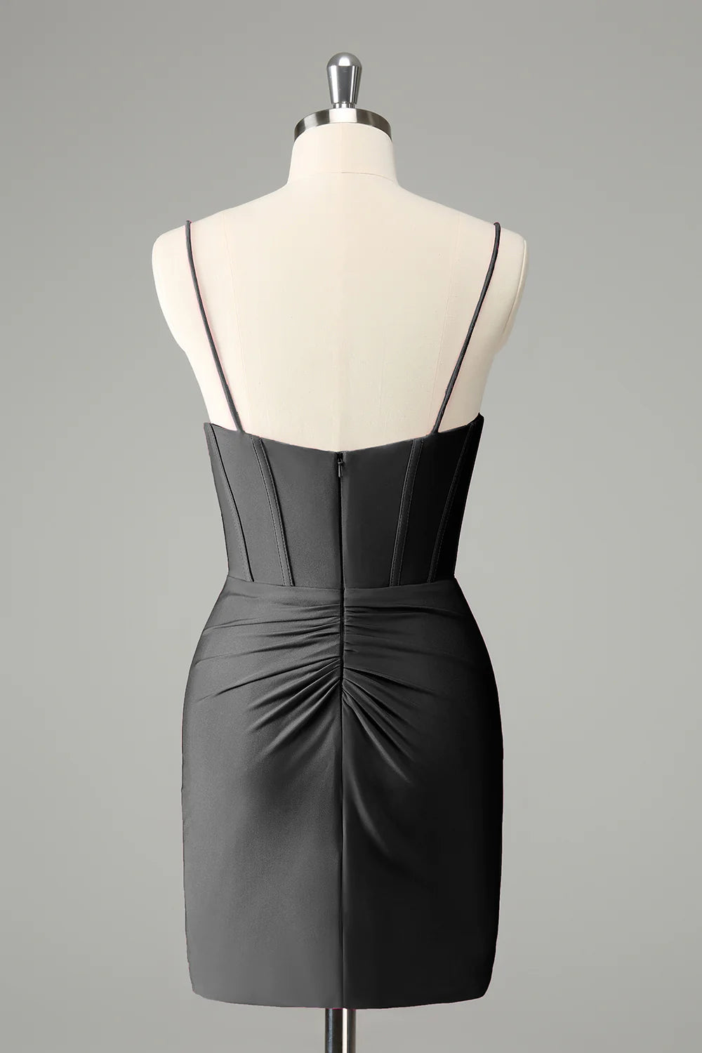 Back view of black pleated short homecoming dress.
