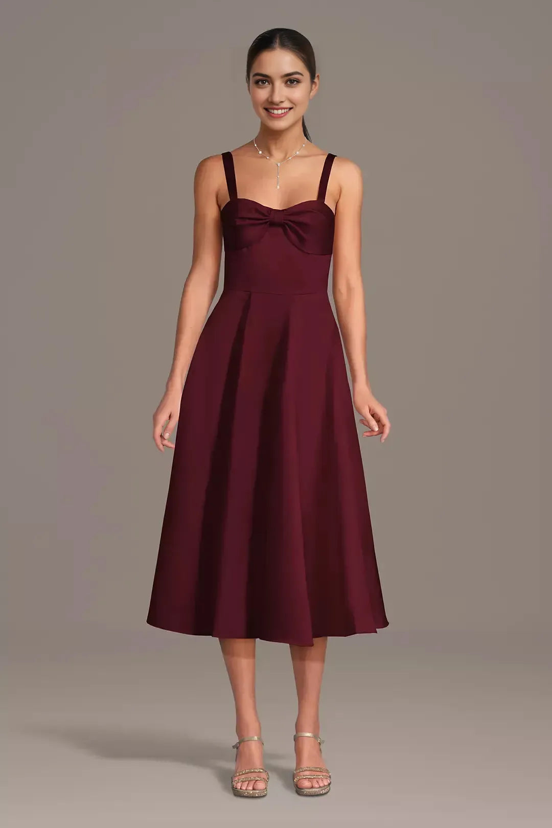 Chic A-Line Bow Neck Wide-Strap Bow-Front Tea-Length Zip Bridesmaid Dresses