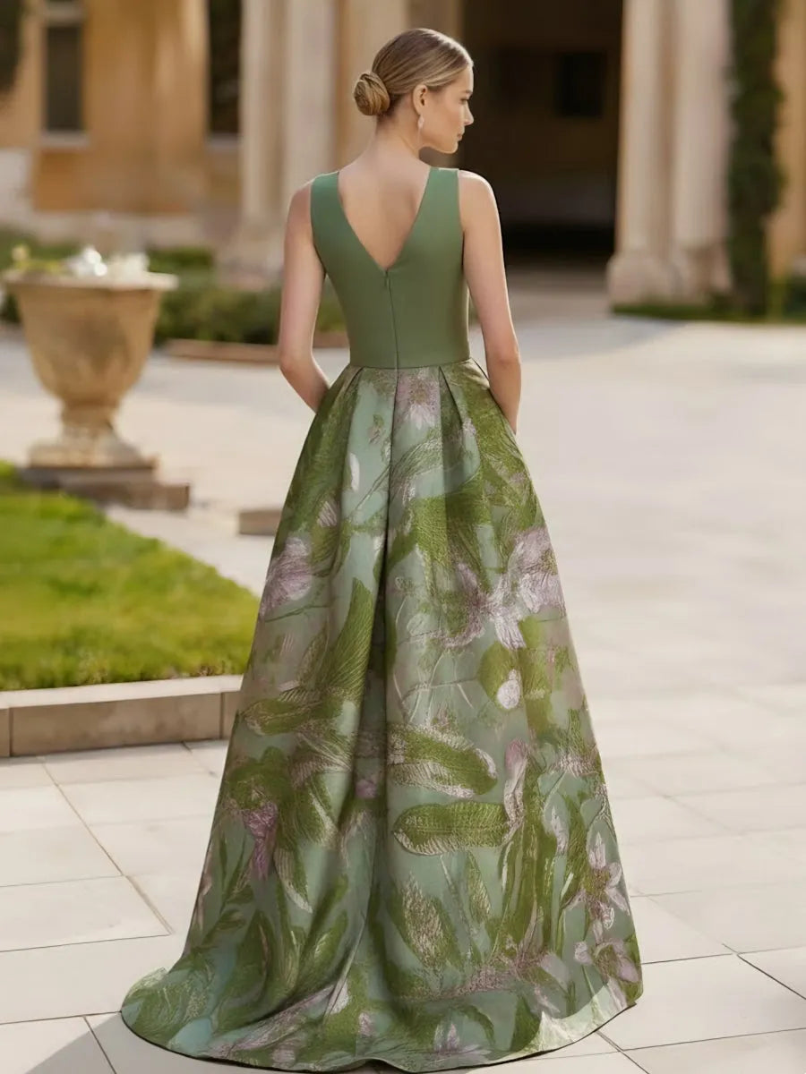 Chic Ball Gown V-Neck Sleeveless V-Back Back Zip Floral  Floor-Length Satin Bow Evening Dresses with Split Side
