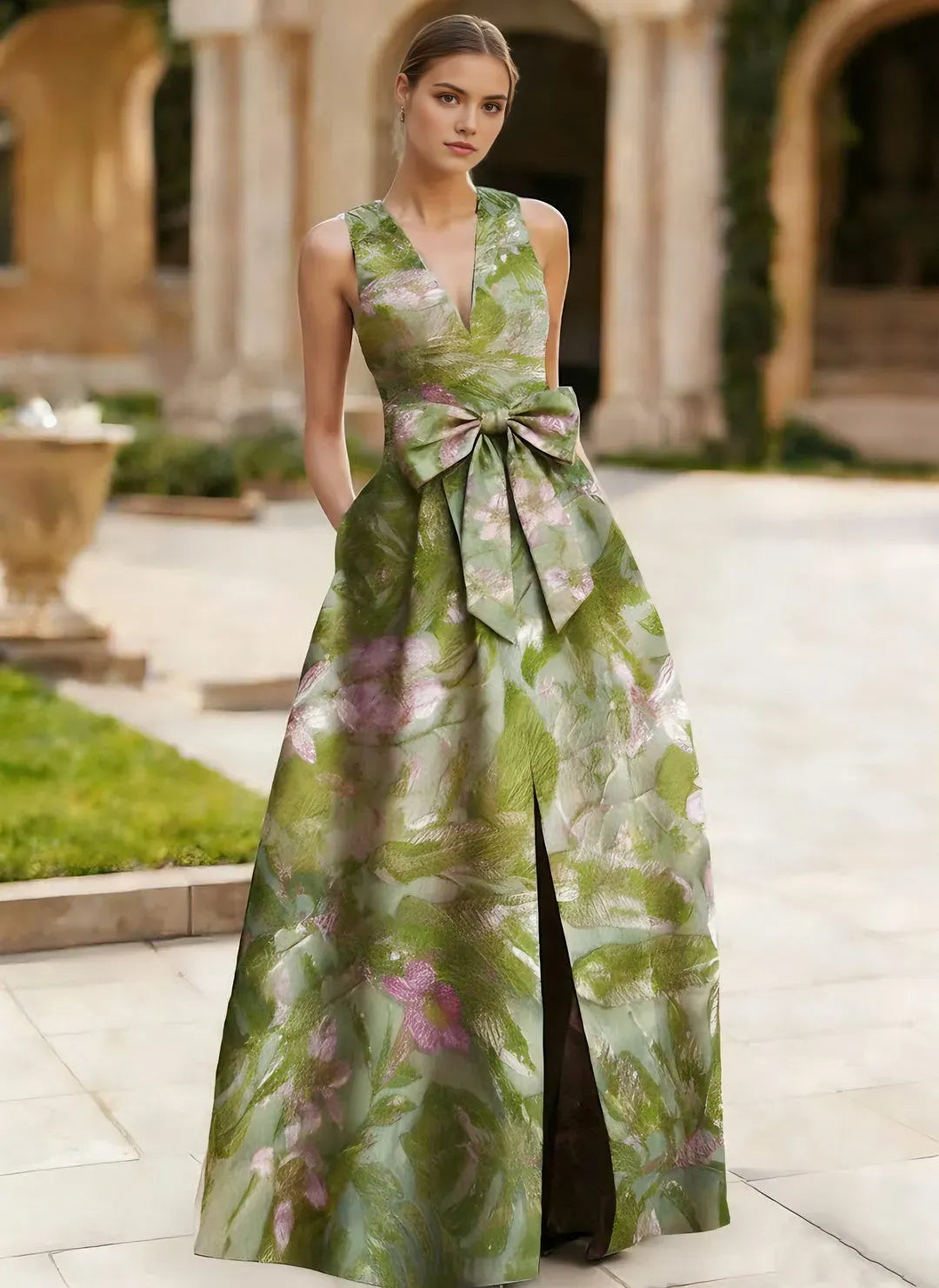 Chic Ball Gown V-Neck Sleeveless V-Back Back Zip Floral  Floor-Length Satin Bow Evening Dresses with Split Side