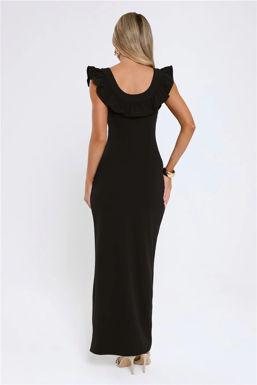 Chic Black Ruffle Trim Square Neck Maxi Dress with Form-Fitting Bodycon Silhouette, High Thigh Slit and Low Open Back Design
