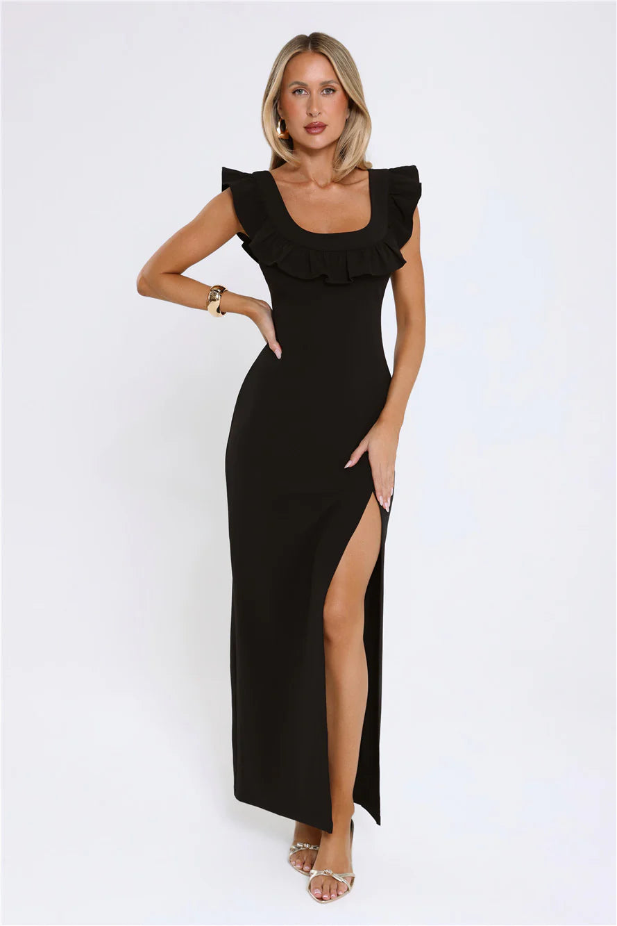 Chic Black Ruffle Trim Square Neck Maxi Dress with Form-Fitting Bodycon Silhouette, High Thigh Slit and Low Open Back Design