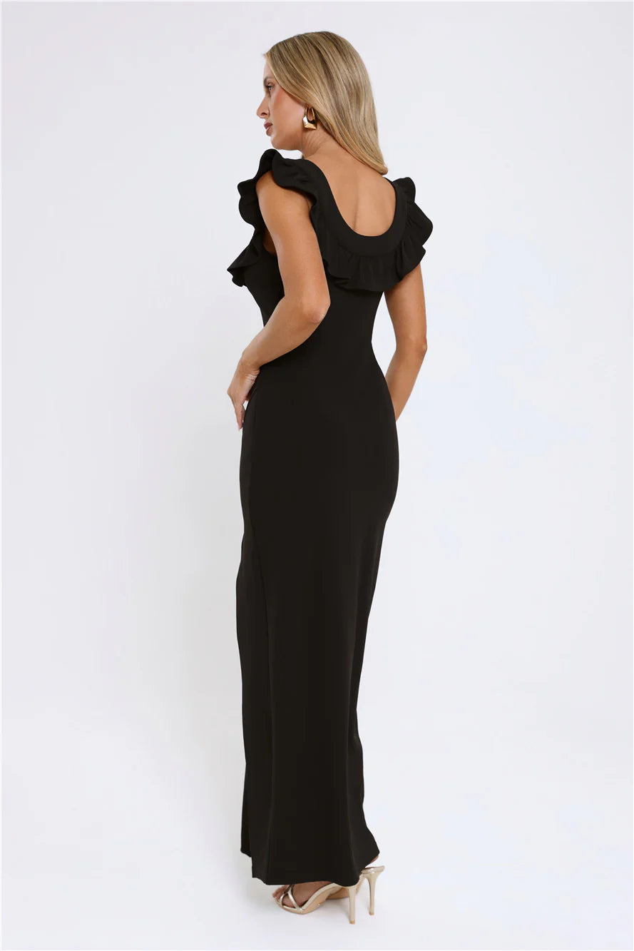 Chic Black Ruffle Trim Square Neck Maxi Dress with Form-Fitting Bodycon Silhouette, High Thigh Slit and Low Open Back Design