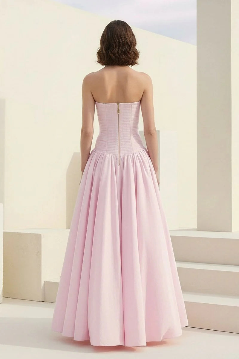 Chic Blush Pink Strapless Ball Gown Maxi Dress with Ruched Bodice, Voluminous Bubble Skirt, High Front Slit and Exposed Back Zipper