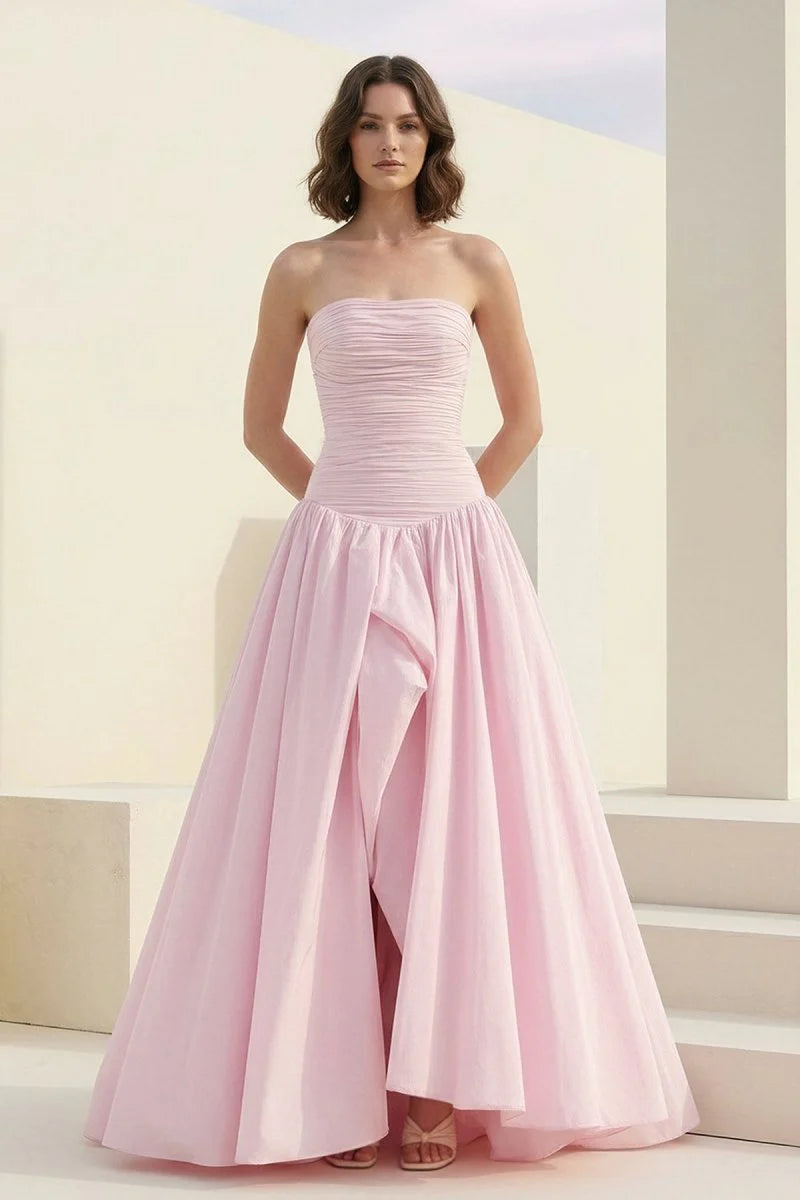 Chic Blush Pink Strapless Ball Gown Maxi Dress with Ruched Bodice, Voluminous Bubble Skirt, High Front Slit and Exposed Back Zipper