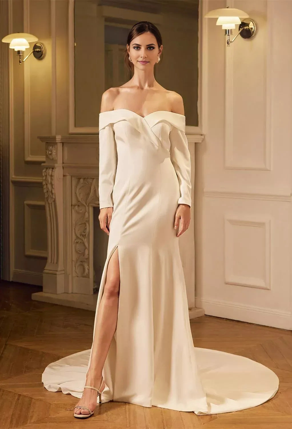 Chic Mermaid Off-the-Shoulder Long-Sleeve Zip Back Sweep/Brush Train Satin Wedding Dresses with Slit