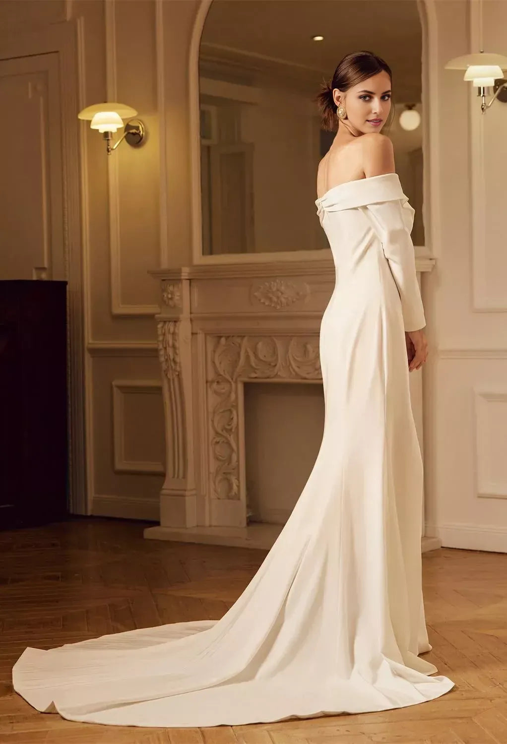 Chic Mermaid Off-the-Shoulder Long-Sleeve Zip Back Sweep/Brush Train Satin Wedding Dresses with Slit